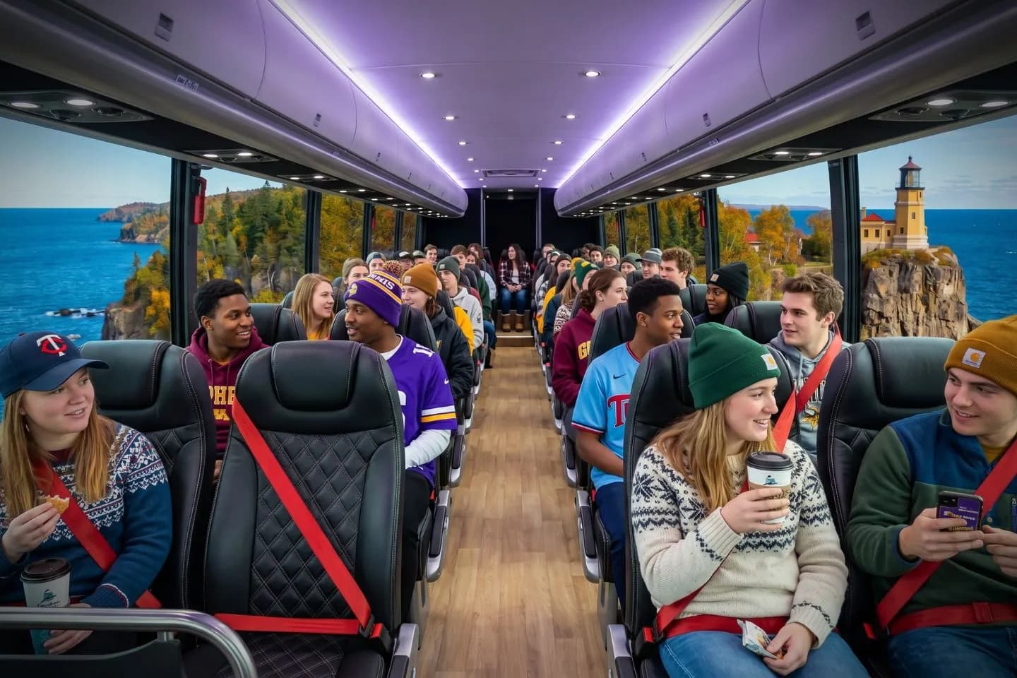 Minnesota Charter Bus Rental Service Comfortable leather seating inside a Minnesota charter bus with overhead storage