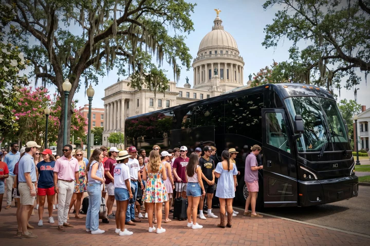 Mississippi Charter Bus Rental Service Driver stowing suitcases in the luggage bay of a Mississippi charter bus