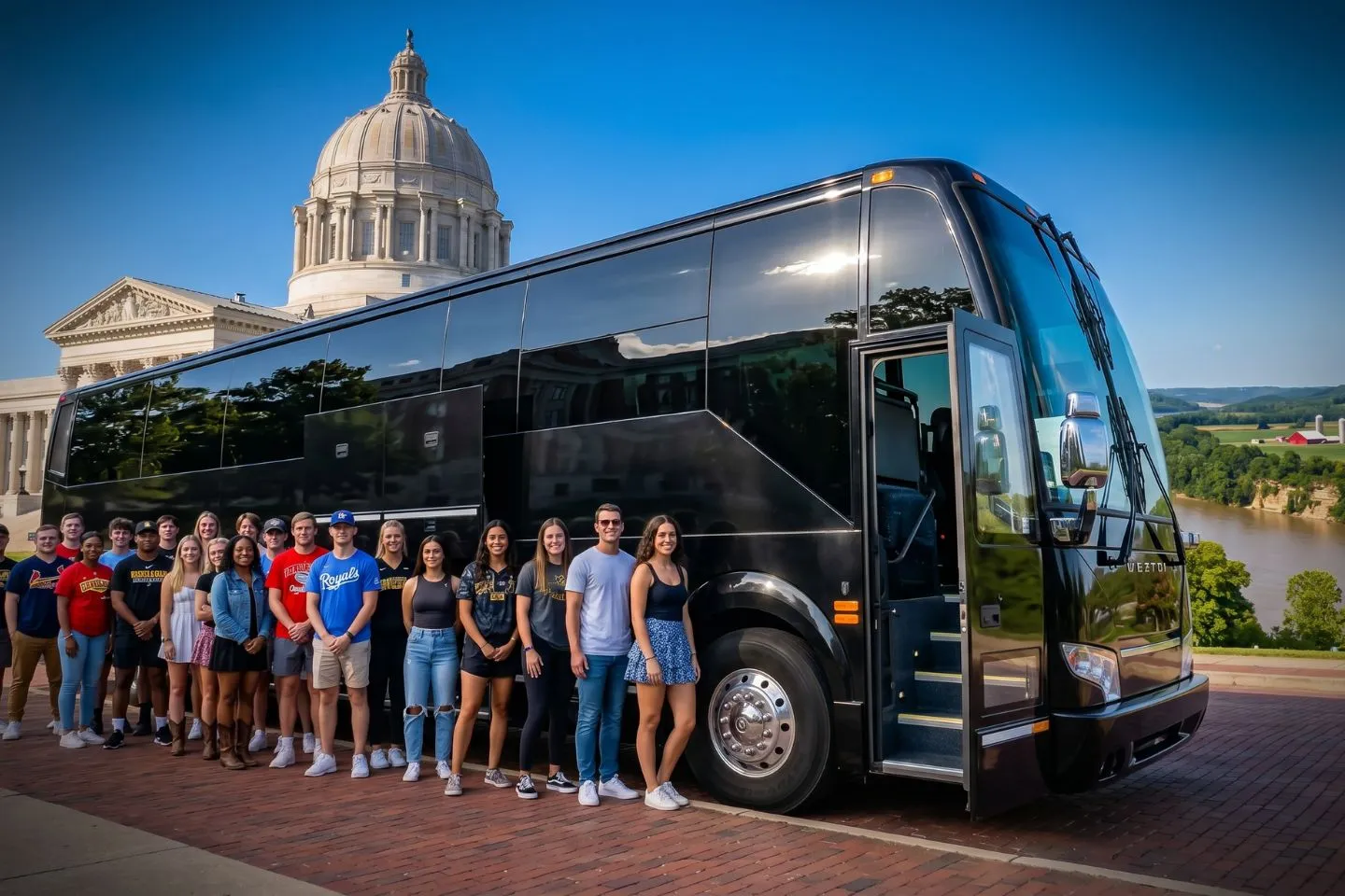 Missouri Charter Bus Rental Service Motorcoach traveling along an interstate near the Gateway Arch on a Missouri charter route