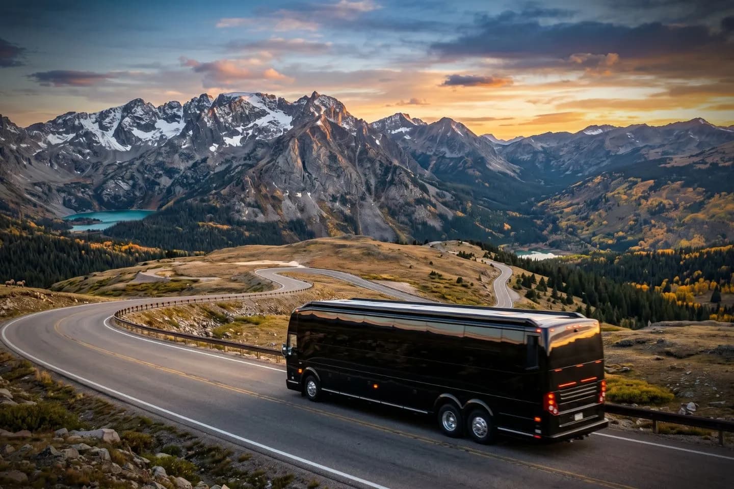Montana Charter Bus Rental Service Luxury motorcoach parked near a Billings hotel for a Montana charter bus rental