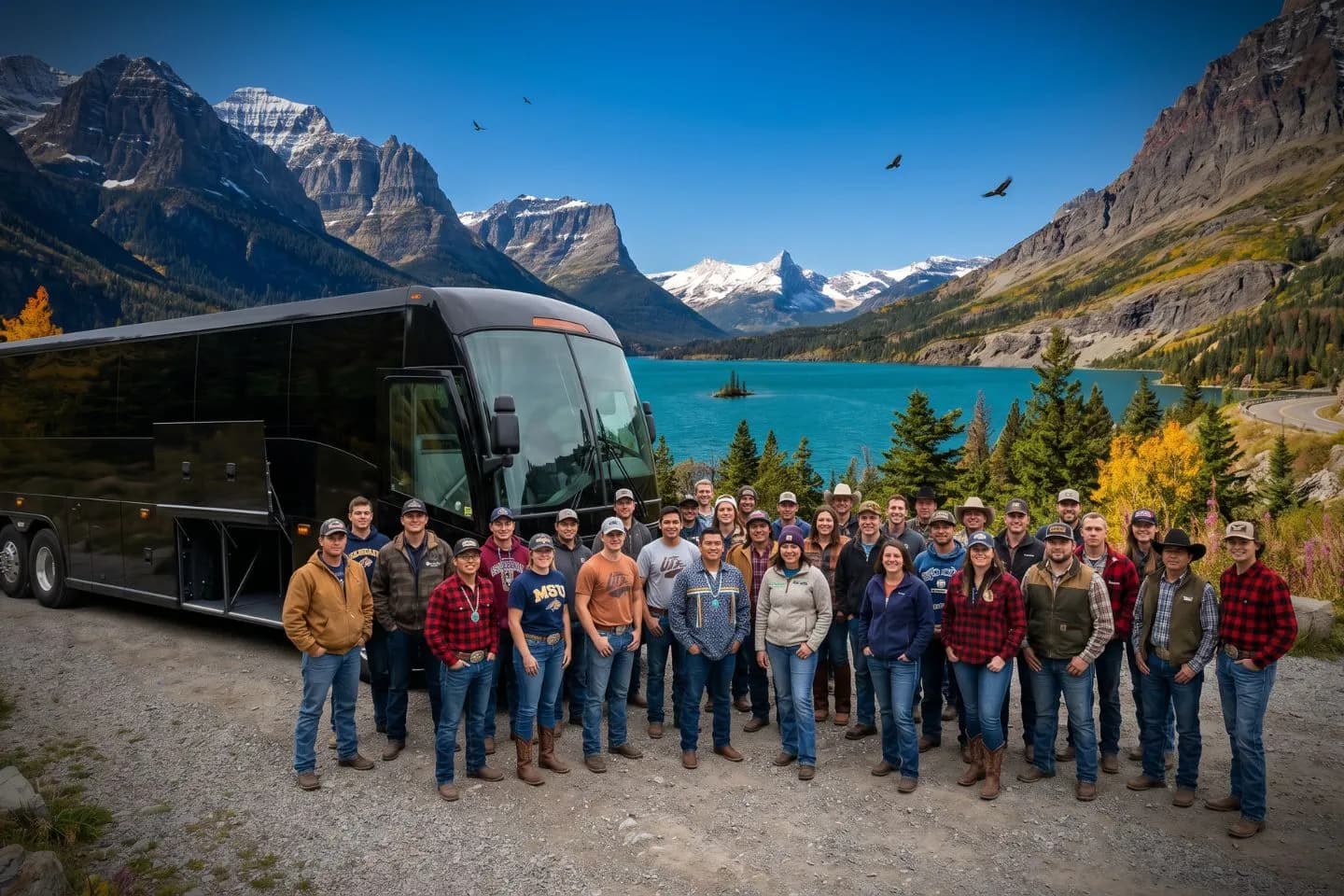 Montana Charter Bus Rental Service Uniformed chauffeur standing beside an open charter bus door in Montana