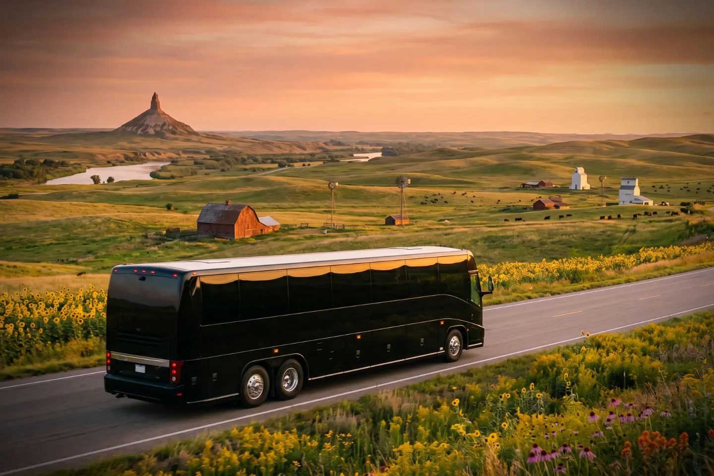 Nebraska Charter Bus Rental Service Black charter bus waiting outside an Omaha hotel for a Nebraska corporate group