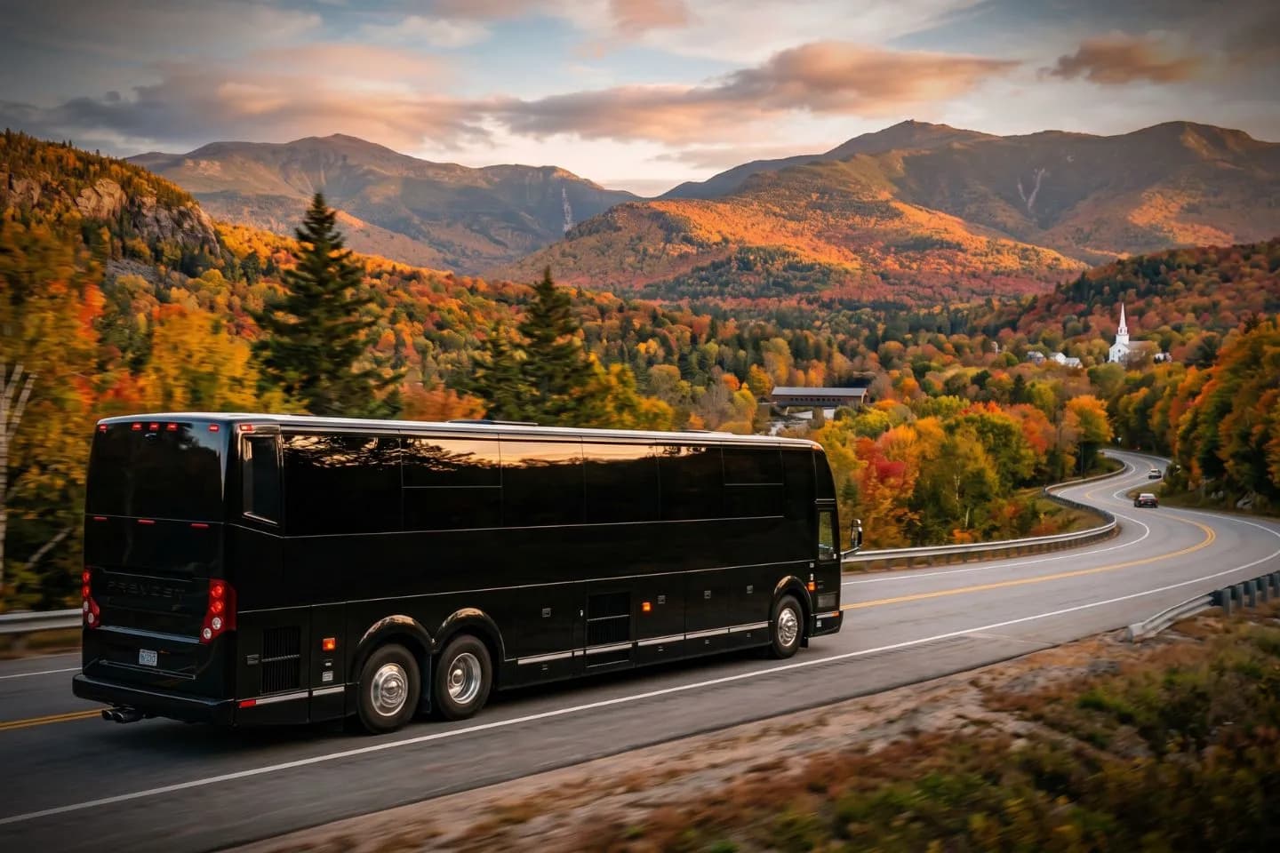 New Hampshire Charter Bus Rental Service Luxury motorcoach parked near a Manchester hotel for a New Hampshire charter bus rental