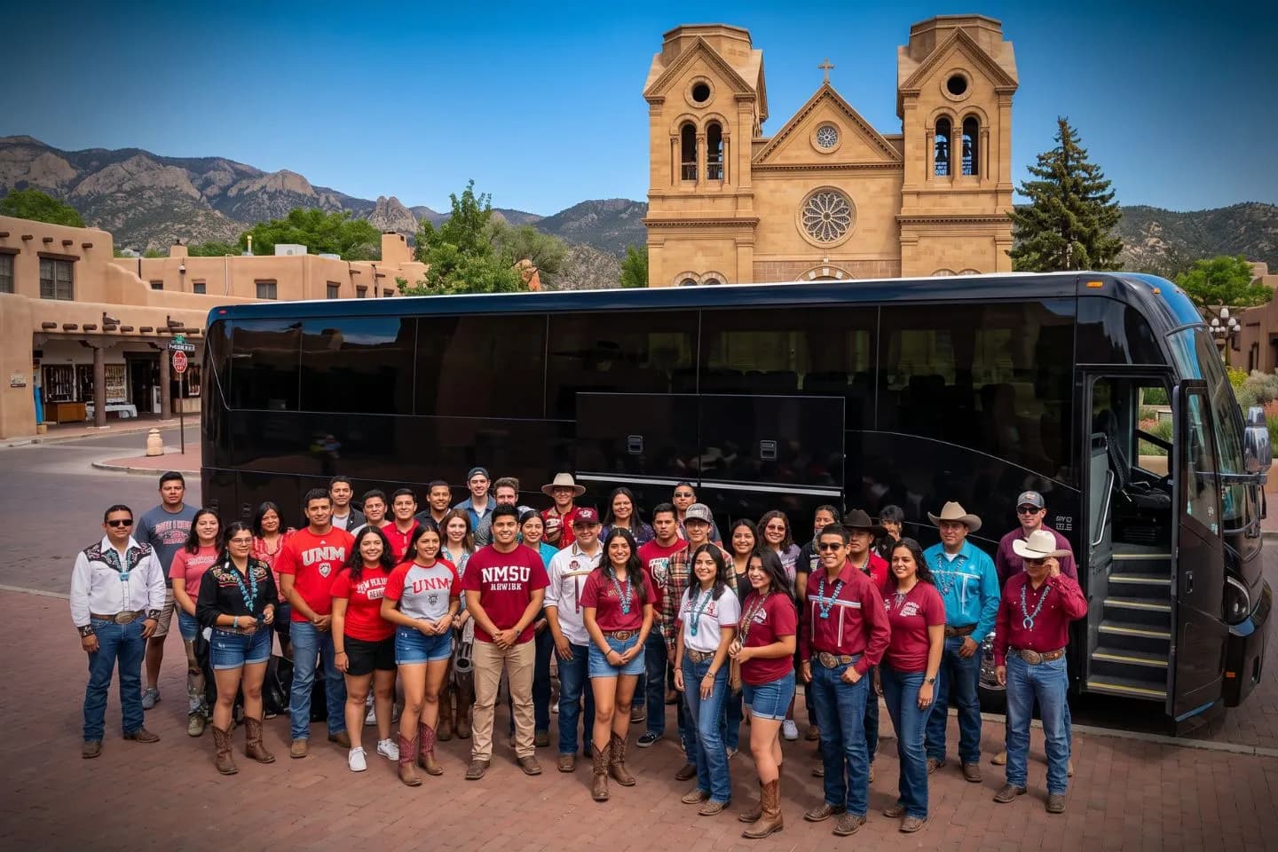 New Mexico Charter Bus Rental Service Professional driver welcoming guests aboard a luxury charter bus in New Mexico