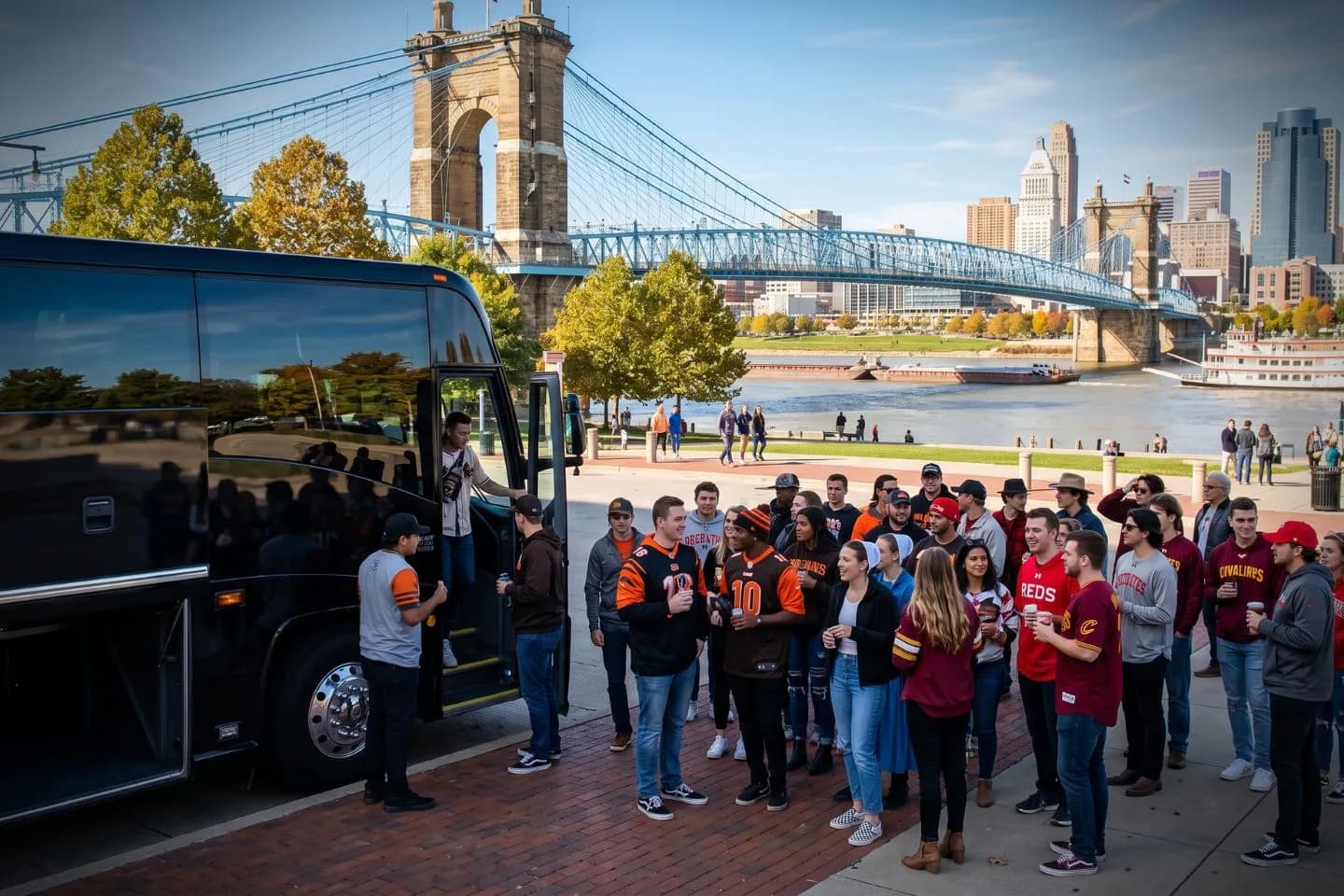 Ohio Charter Bus Rental Service Group passengers boarding a charter bus before an Ohio sightseeing trip
