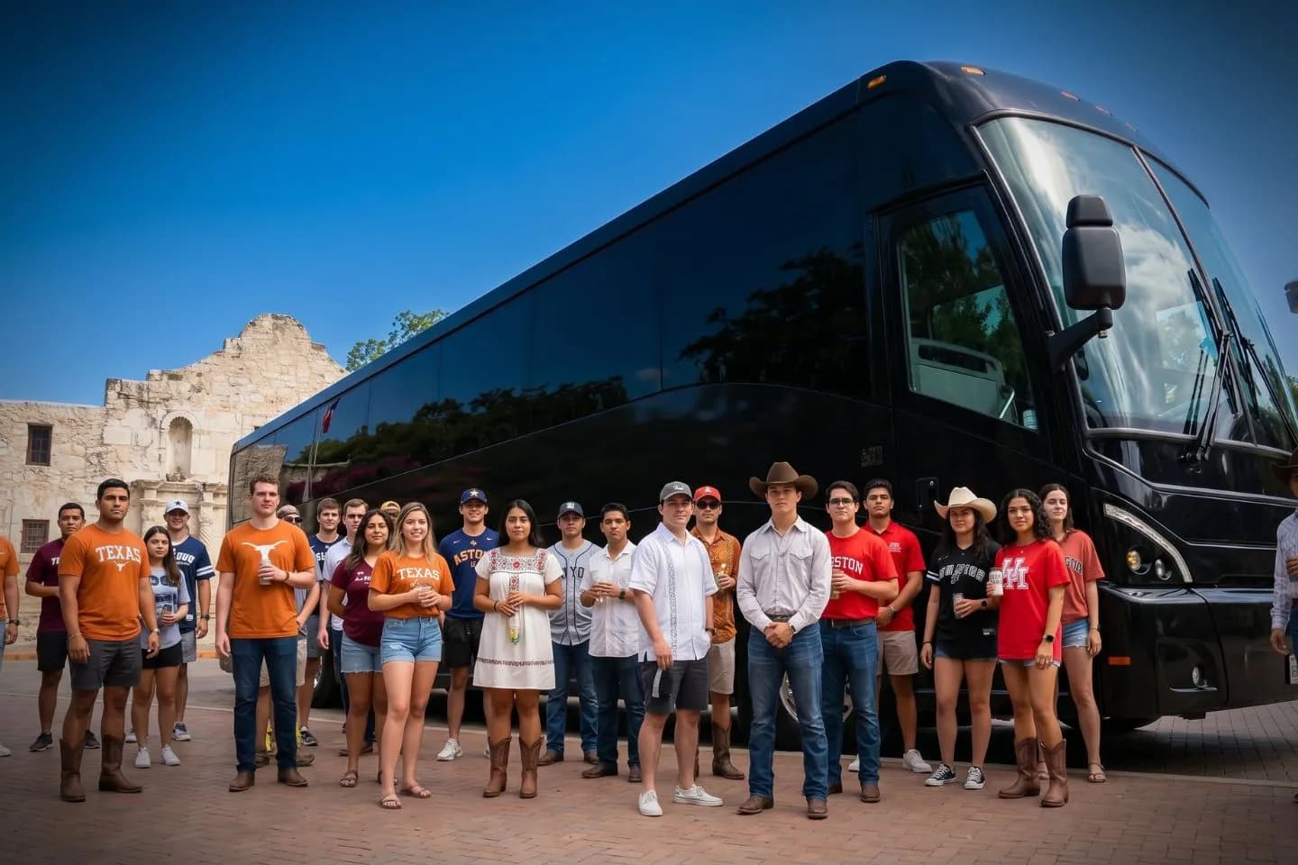 Texas Charter Bus Rental Service Travelers loading luggage into a modern charter bus for a Texas group trip