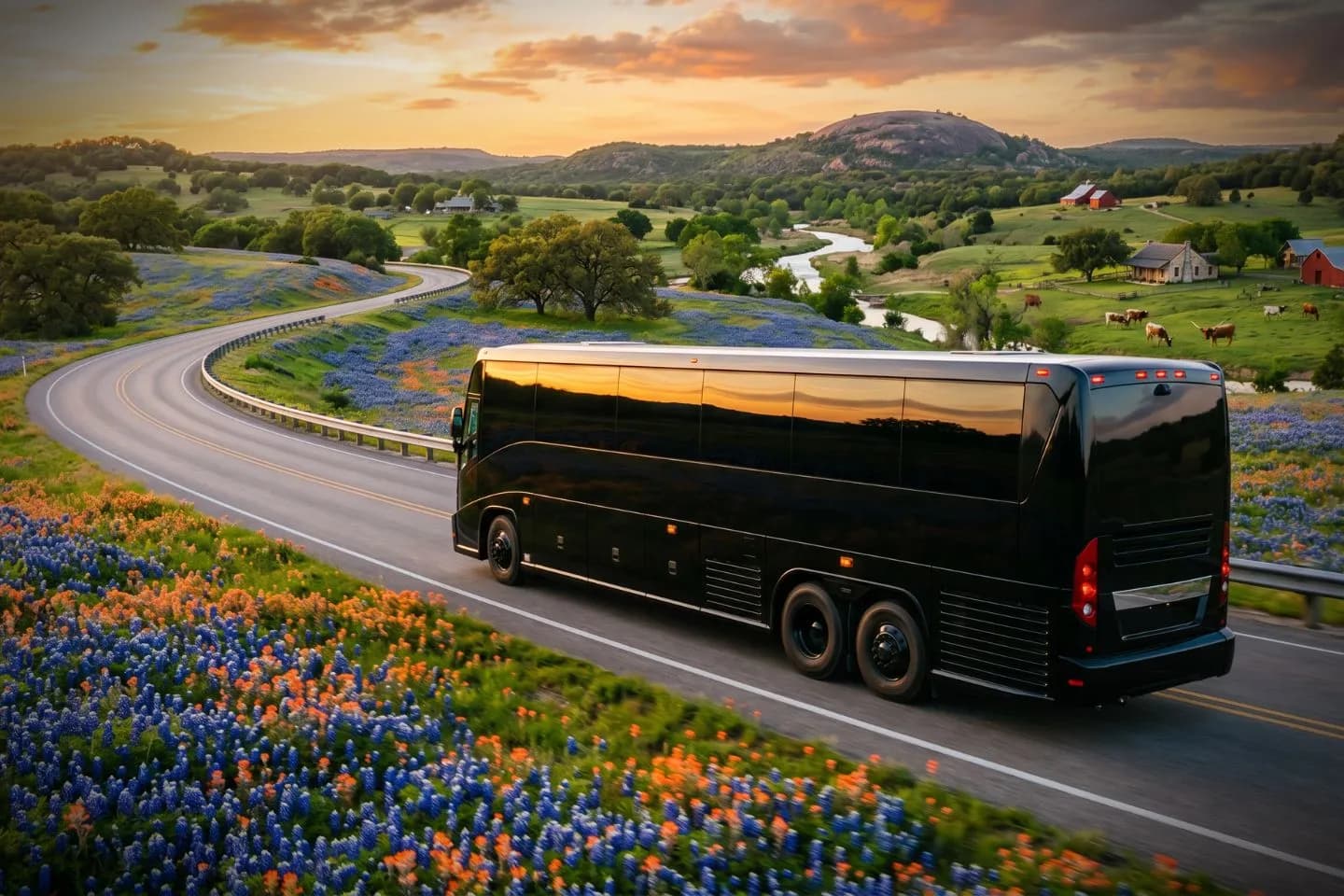 Texas Charter Bus Rental Service White charter bus parked outside a Dallas hotel awaiting a Texas tour group