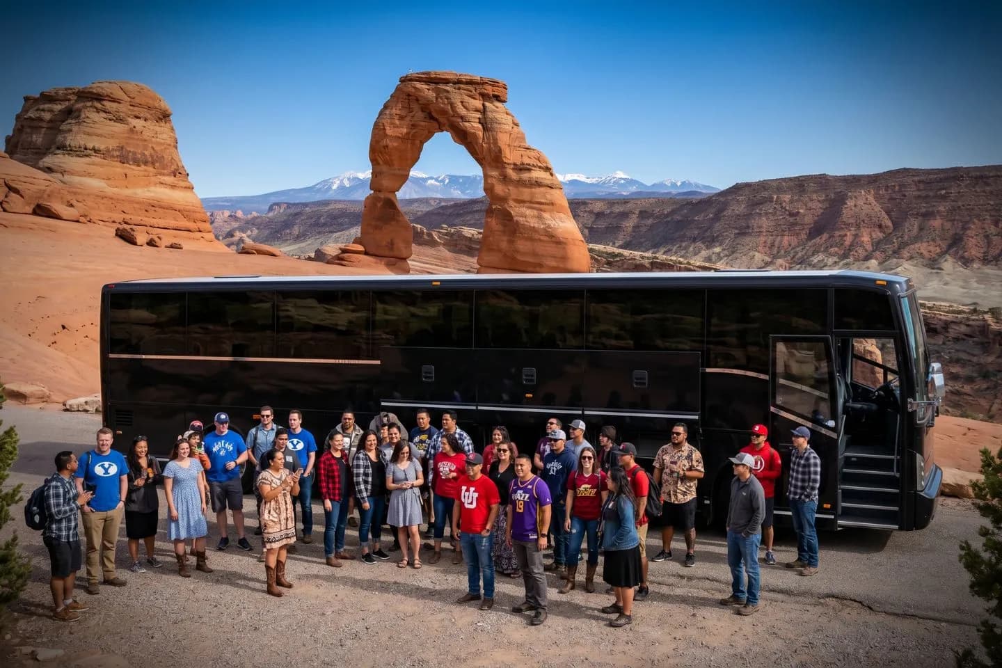 Utah Charter Bus Rental Service Group passengers boarding a charter bus before an Utah sightseeing trip