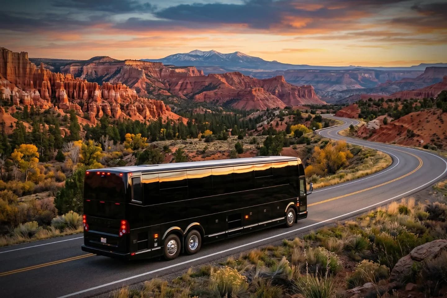 Utah Charter Bus Rental Service Luxury motorcoach parked near a Salt Lake City hotel for an Utah charter bus rental