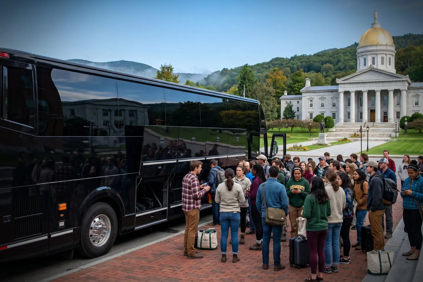 Vermont Charter Bus Rental Service Driver stowing suitcases in the luggage bay of a Vermont charter bus