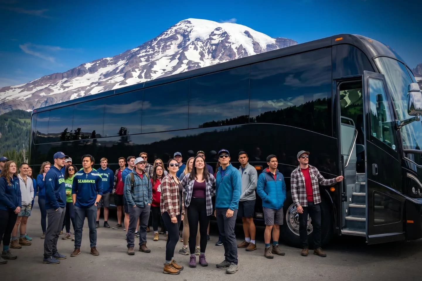 Washington Charter Bus Rental Service Group passengers boarding a charter bus before a Washington sightseeing trip