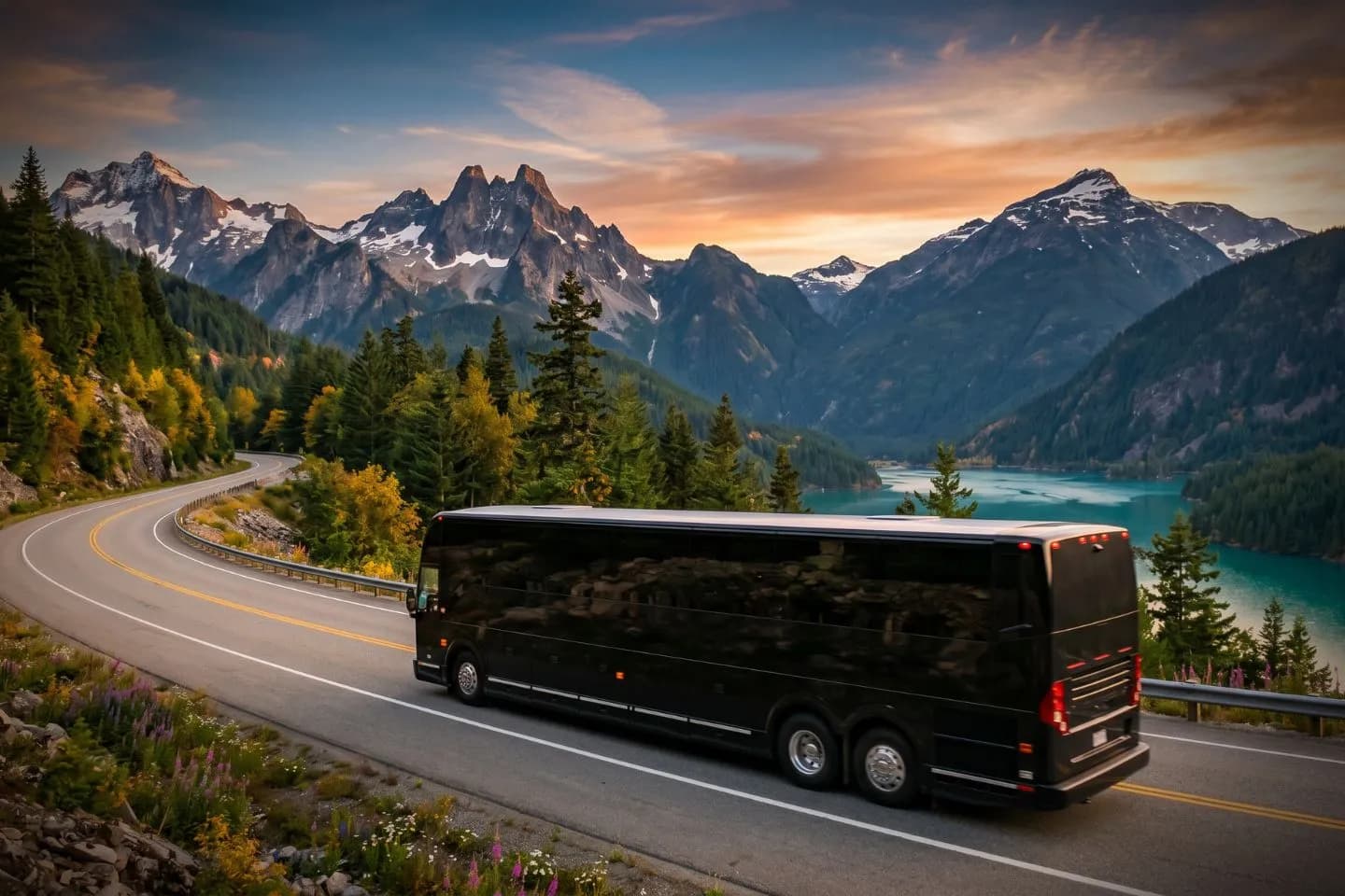 Washington Charter Bus Rental Service Luxury motorcoach parked near a Seattle hotel for a Washington charter bus rental