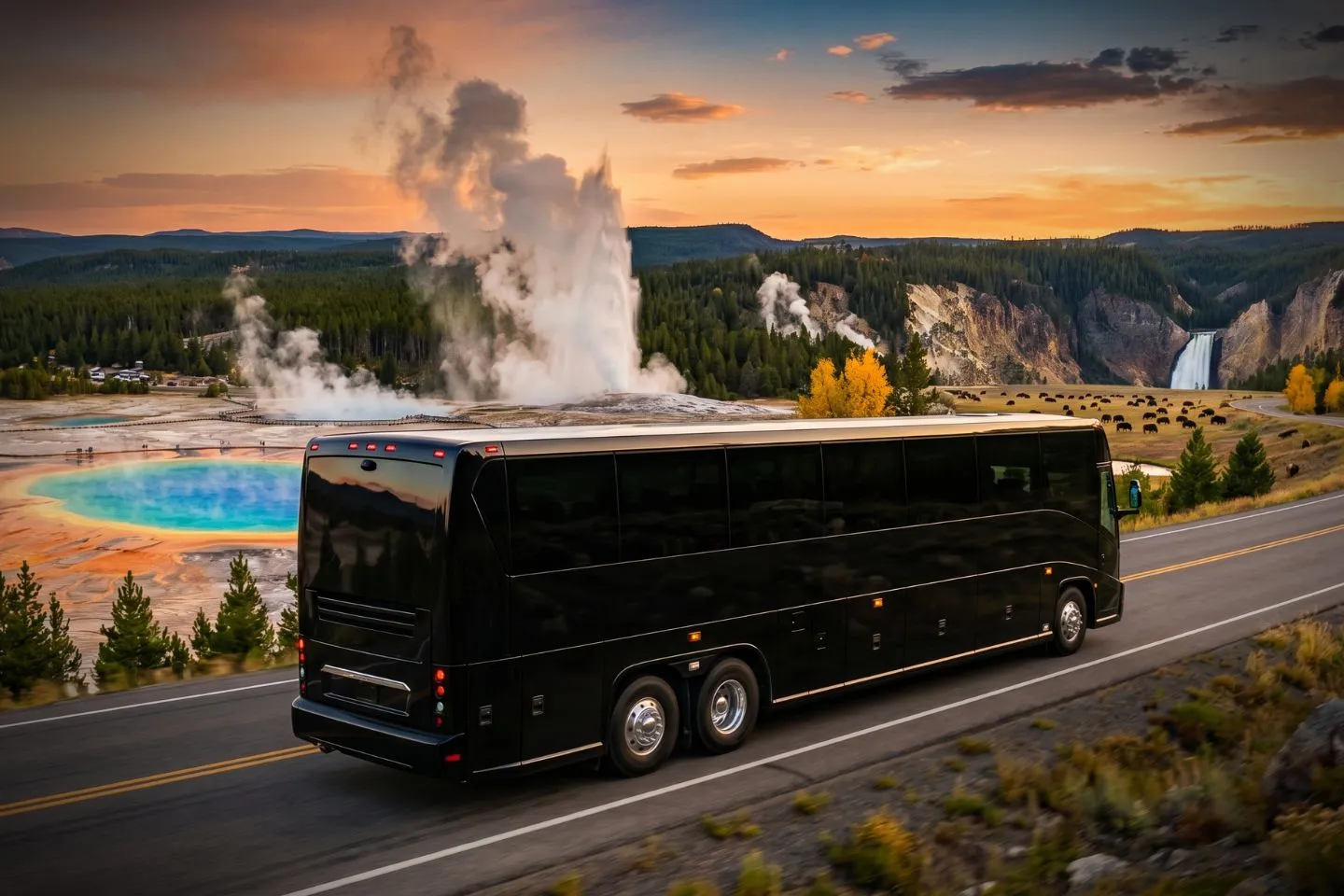 Wyoming Charter Bus Rental Service Luxury motorcoach parked near a Cheyenne hotel for a Wyoming charter bus rental