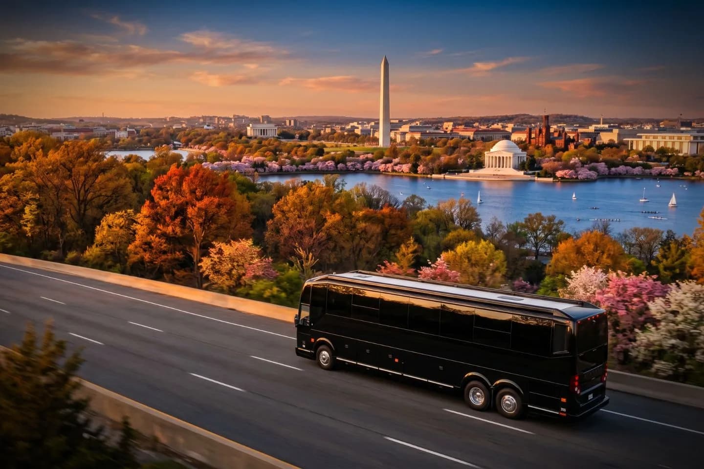 Washington, DC Charter Bus Rental Service Black charter bus waiting outside a downtown DC hotel for a Washington, DC corporate group
