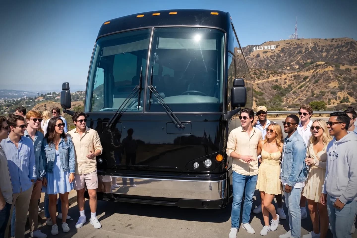 California Charter Bus Rental Service Uniformed chauffeur standing beside an open charter bus door in California