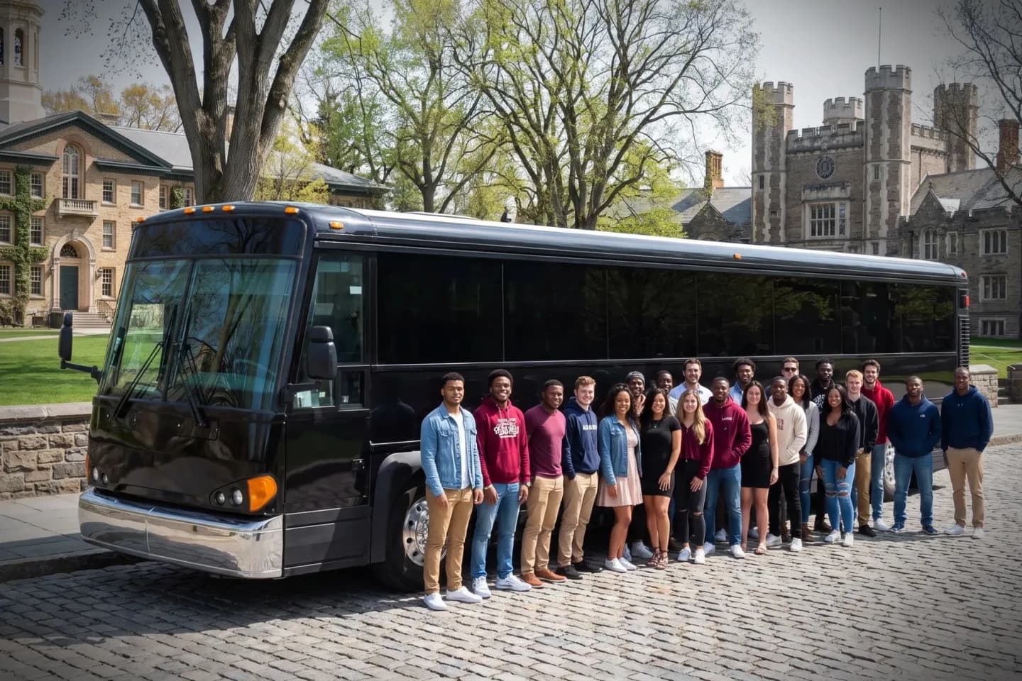 New Jersey Charter Bus Rental Service Passengers stepping onto a charter bus at the start of a New Jersey trip