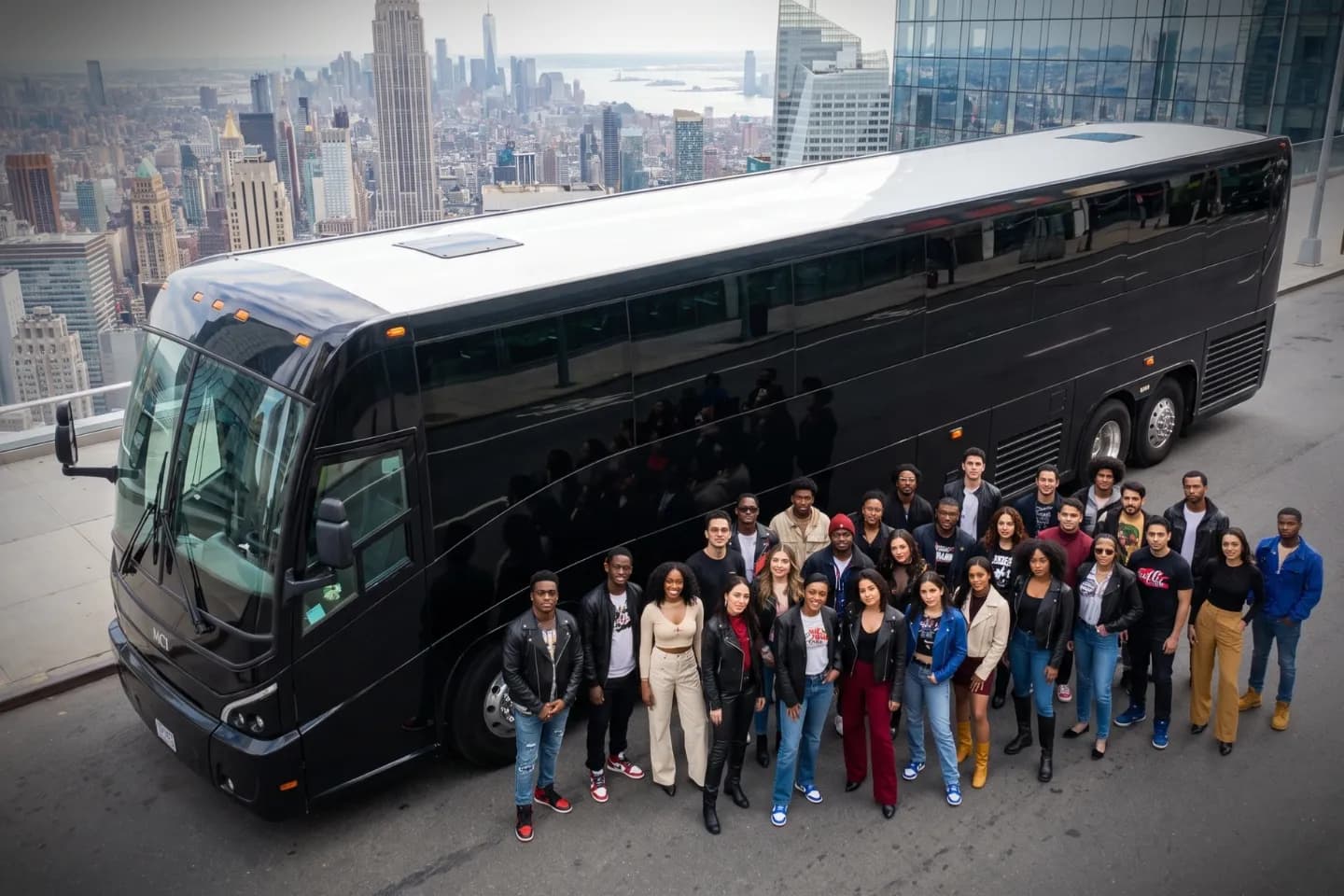 New York Charter Bus Rental Service Uniformed chauffeur standing beside an open charter bus door in New York