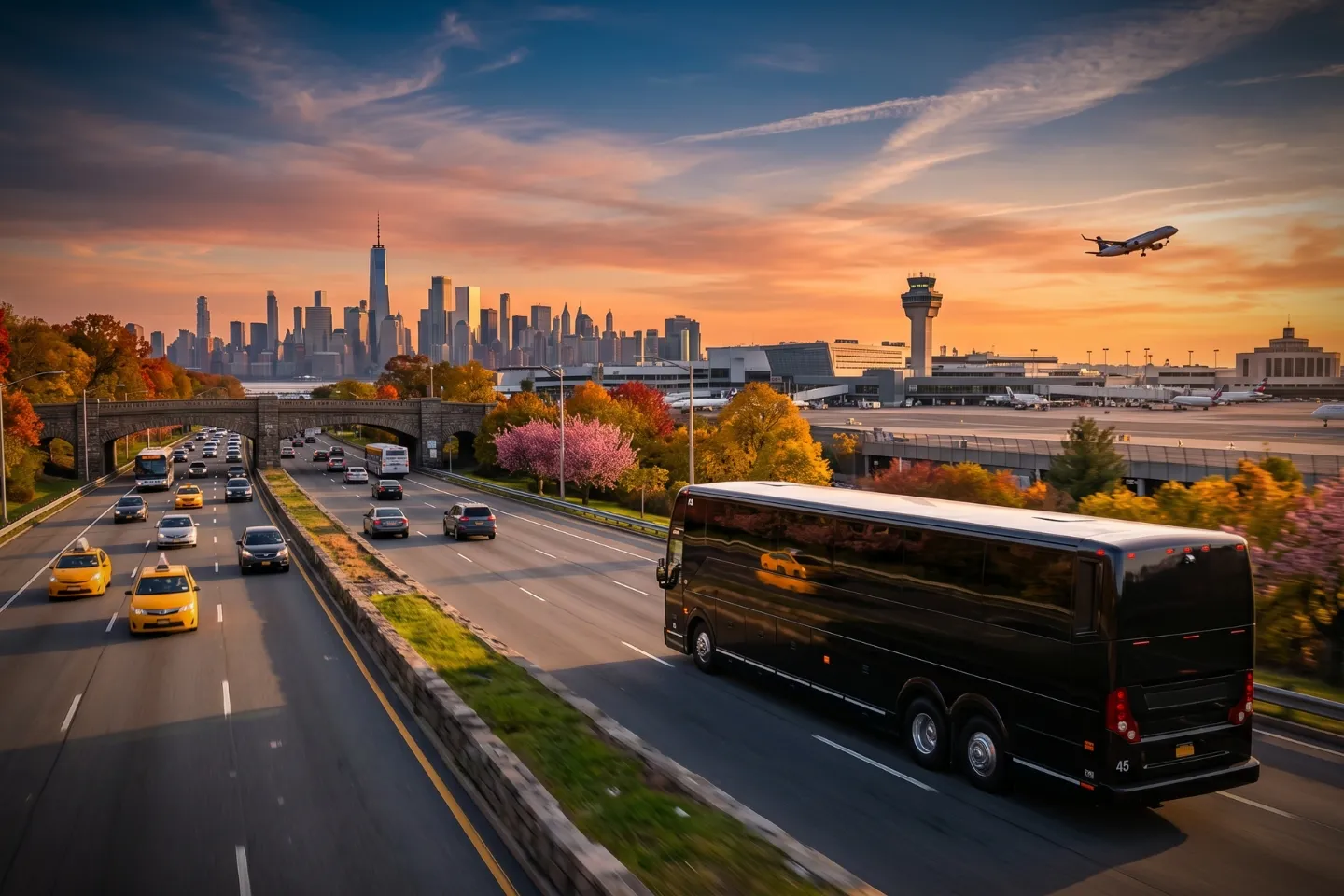 LaGuardia (LGA) Airport Charter Bus Rental Service Motorcoach parked along the LaGuardia terminal roadway during a group pickup