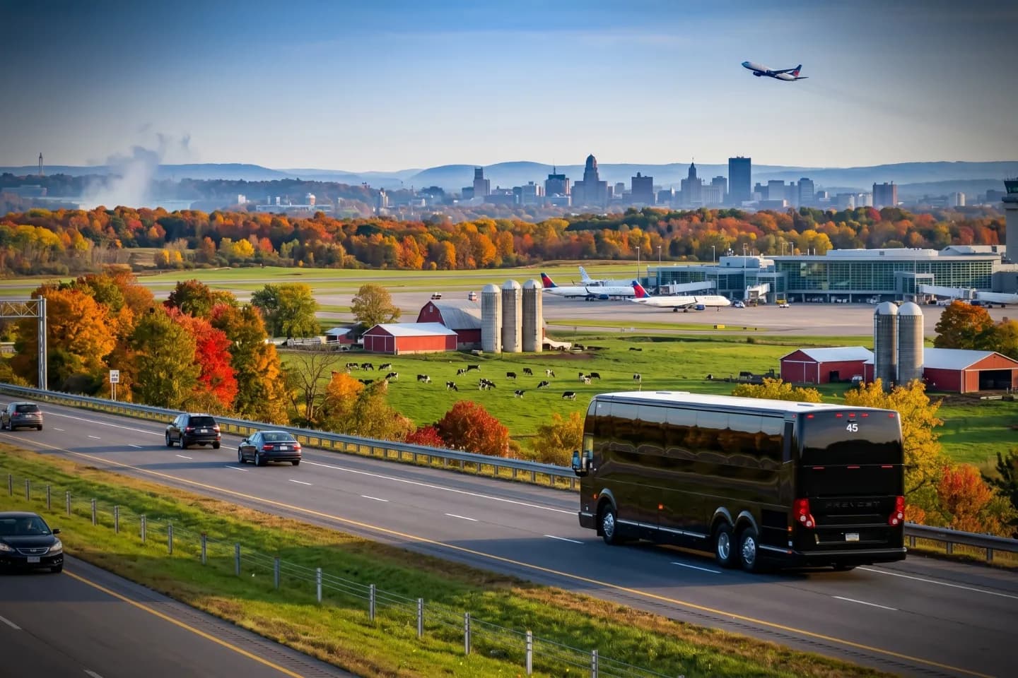Buffalo Niagara International (BUF) Airport Charter Bus Rental Service Clean coach interior with tinted windows ready for a Buffalo airport transfer