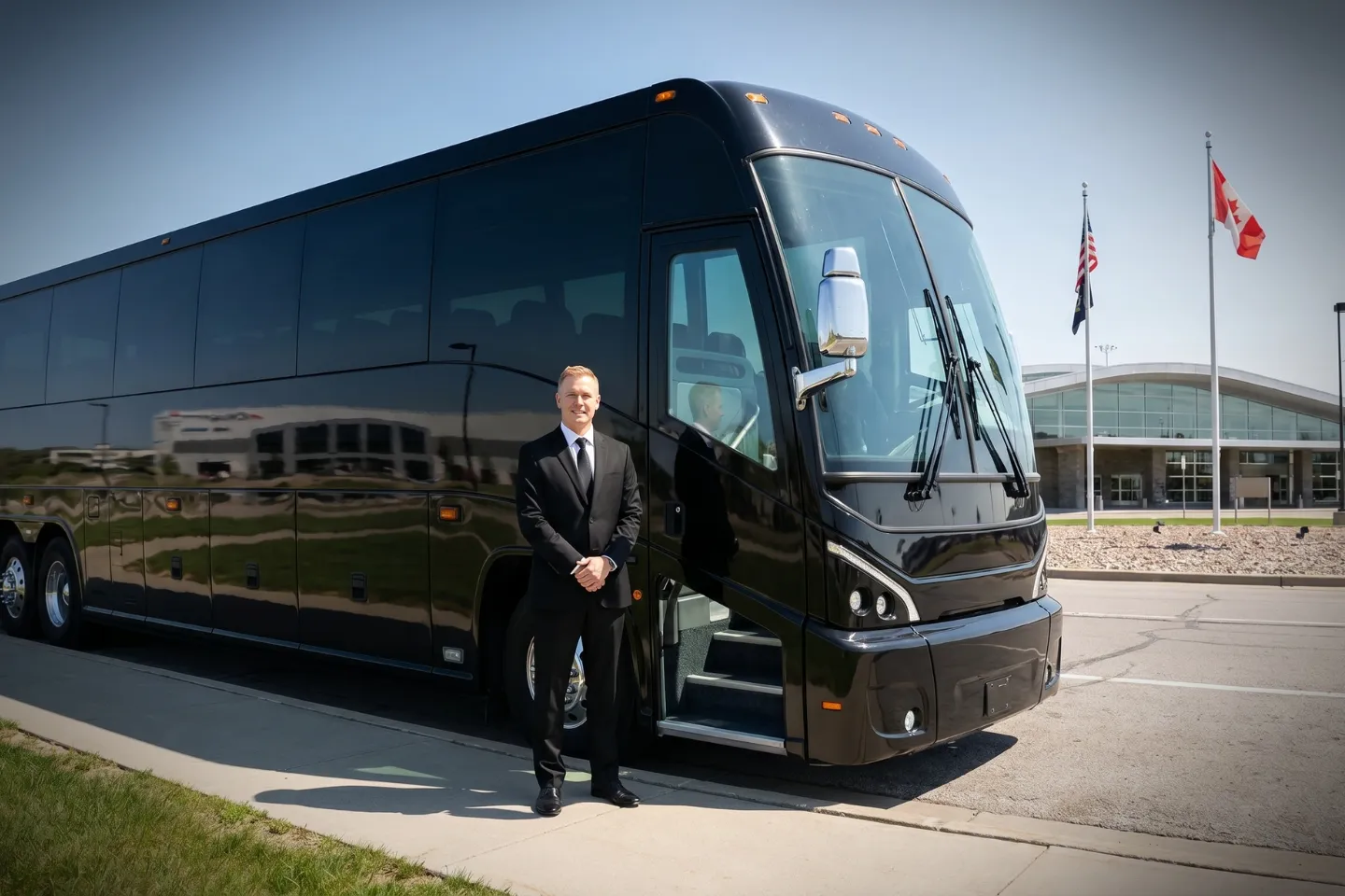 Niagara Falls International (IAG) Airport Charter Bus Rental Service Coach cabin with large windows ready for a Niagara Falls airport transfer