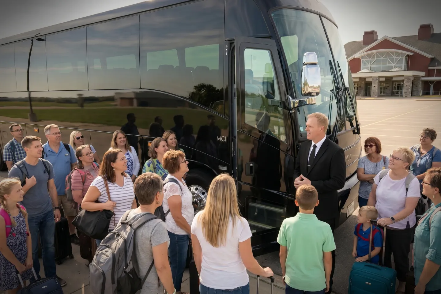 Plattsburgh International (PBG) Airport Charter Bus Rental Service Passengers boarding a motorcoach at the PBG Airport pickup curb