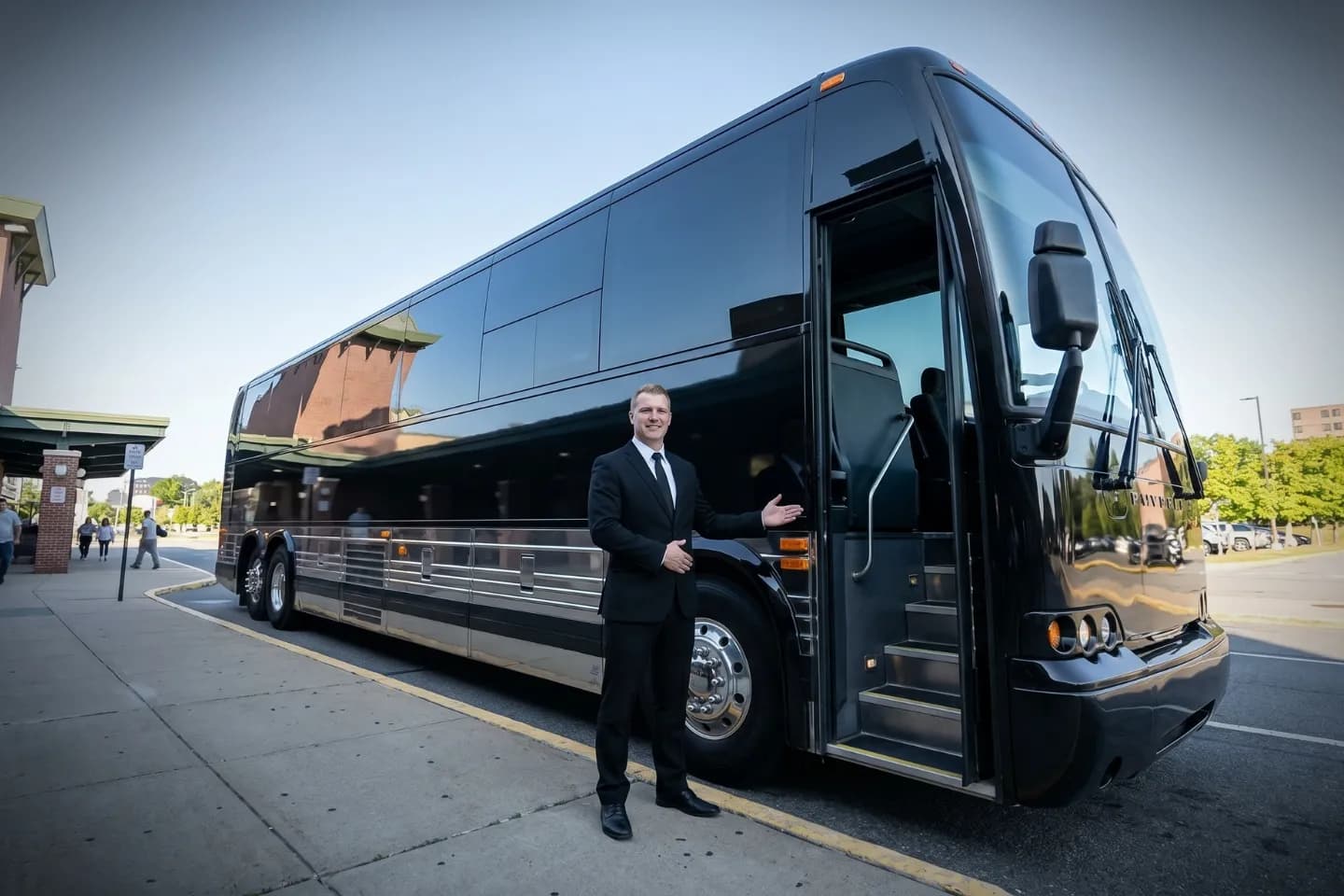 New York Stewart International (SWF) Airport Charter Bus Rental Service Tour group gathered beside their coach at SWF Airport