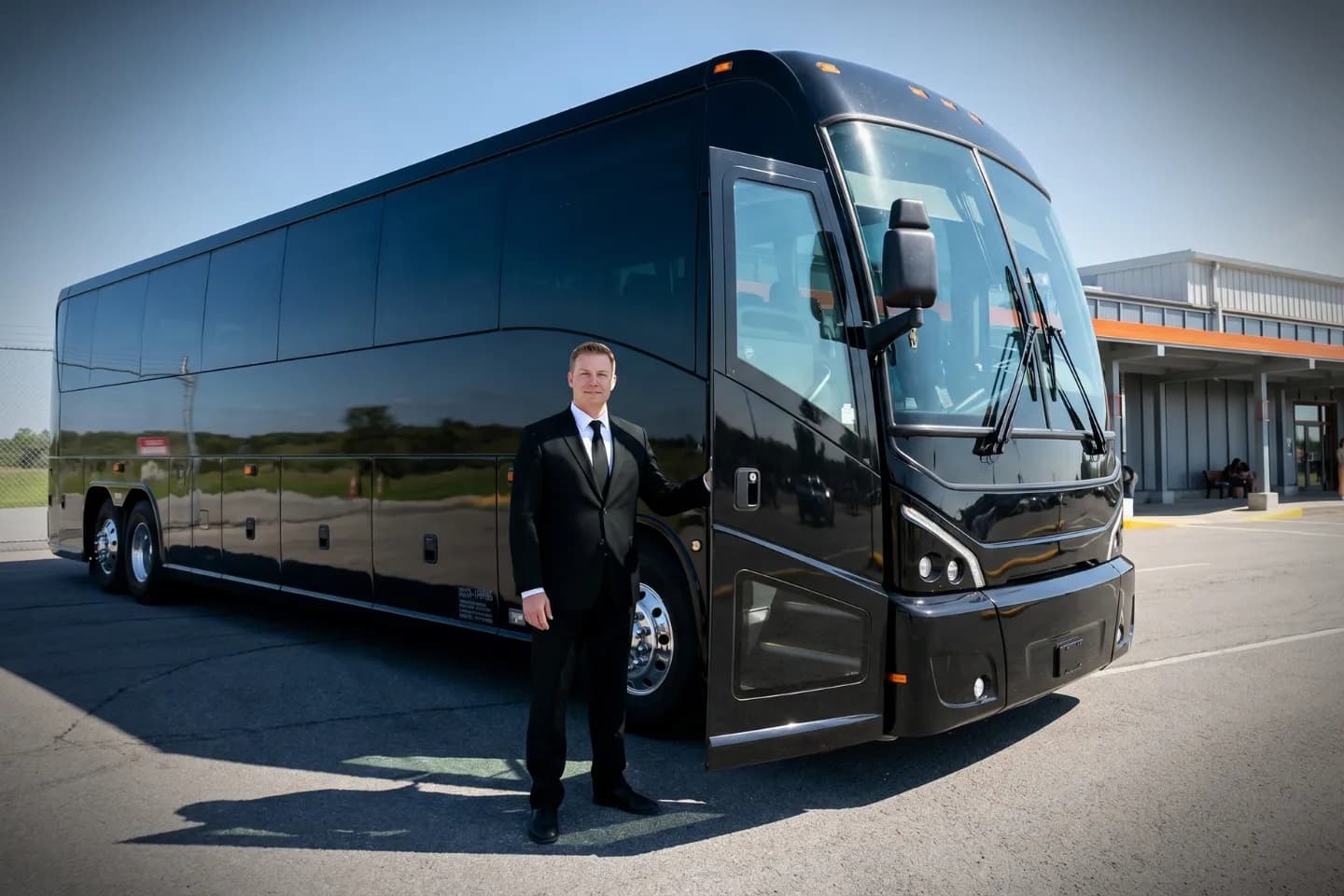 Ogdensburg International (OGS) Airport Charter Bus Rental Service Travelers gathered beside their coach at OGS Airport before departure