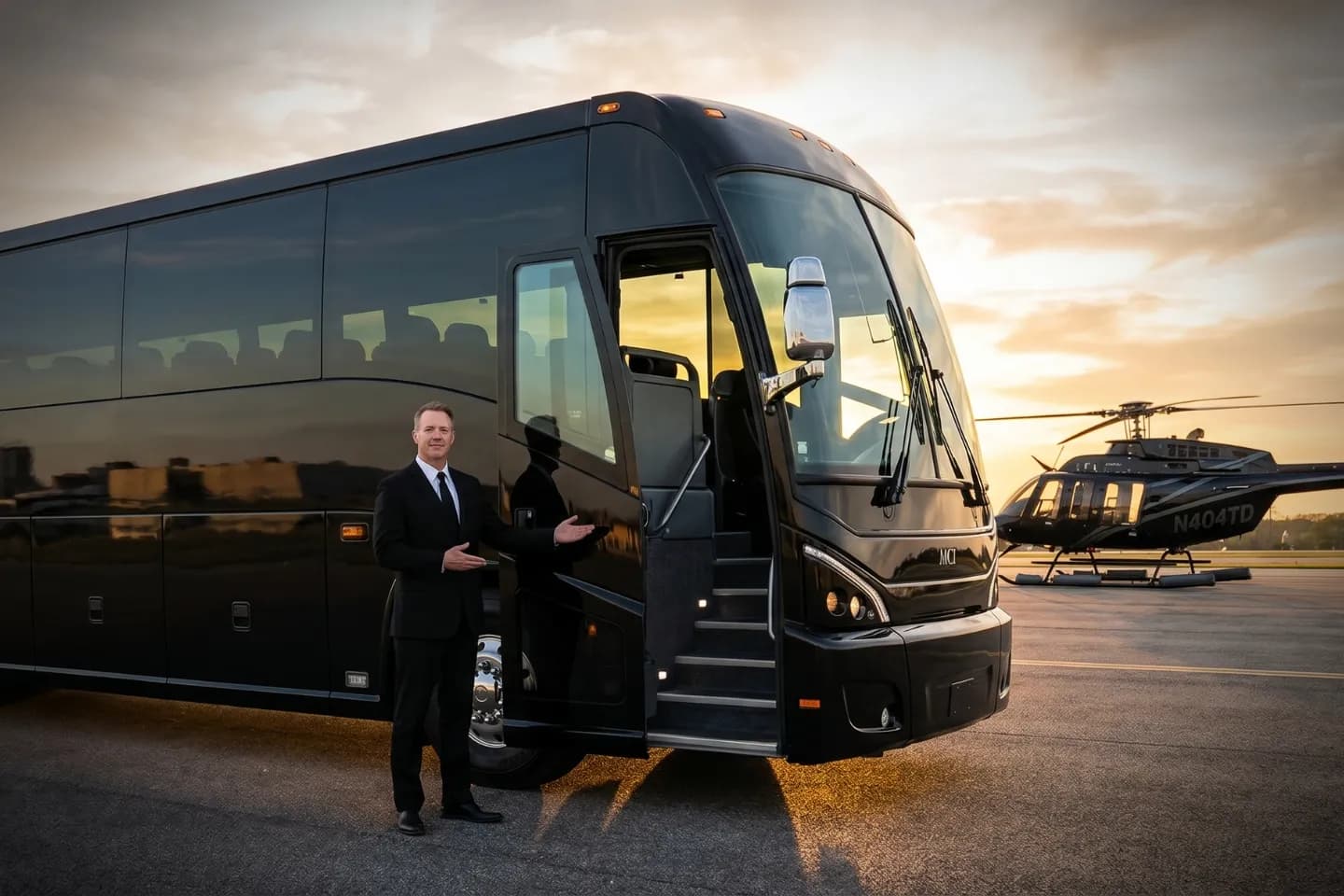 New York West 30th Street Heliport (JRA) Airport Charter Bus Rental Service Executive group boarding a charter bus rental at West 30th Street Heliport
