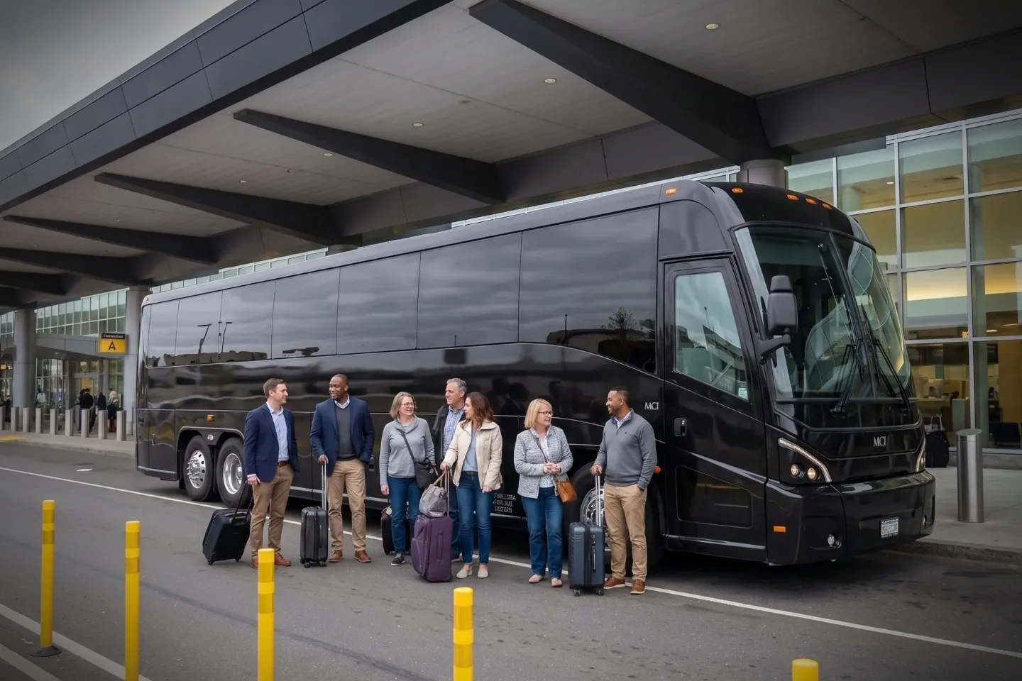 Bradley International (BDL) Airport Charter Bus Rental Service Full size motor coach waiting for a group at Bradley International Airport