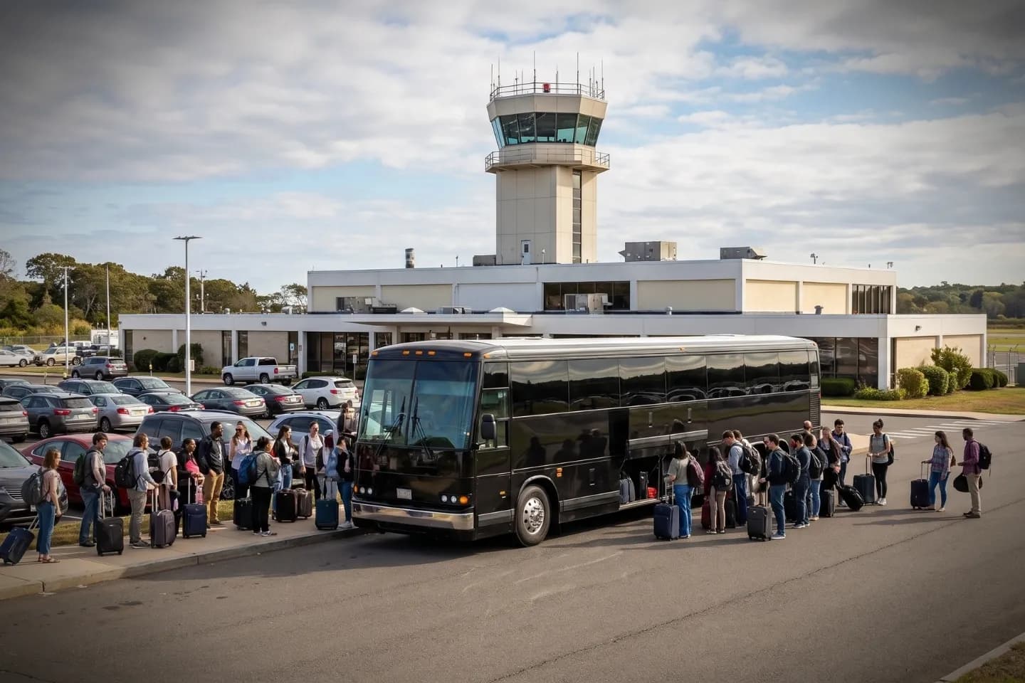 Tweed New Haven (HVN) Airport Charter Bus Rental Service Charter bus rental parked outside the Tweed New Haven Airport HVN terminal