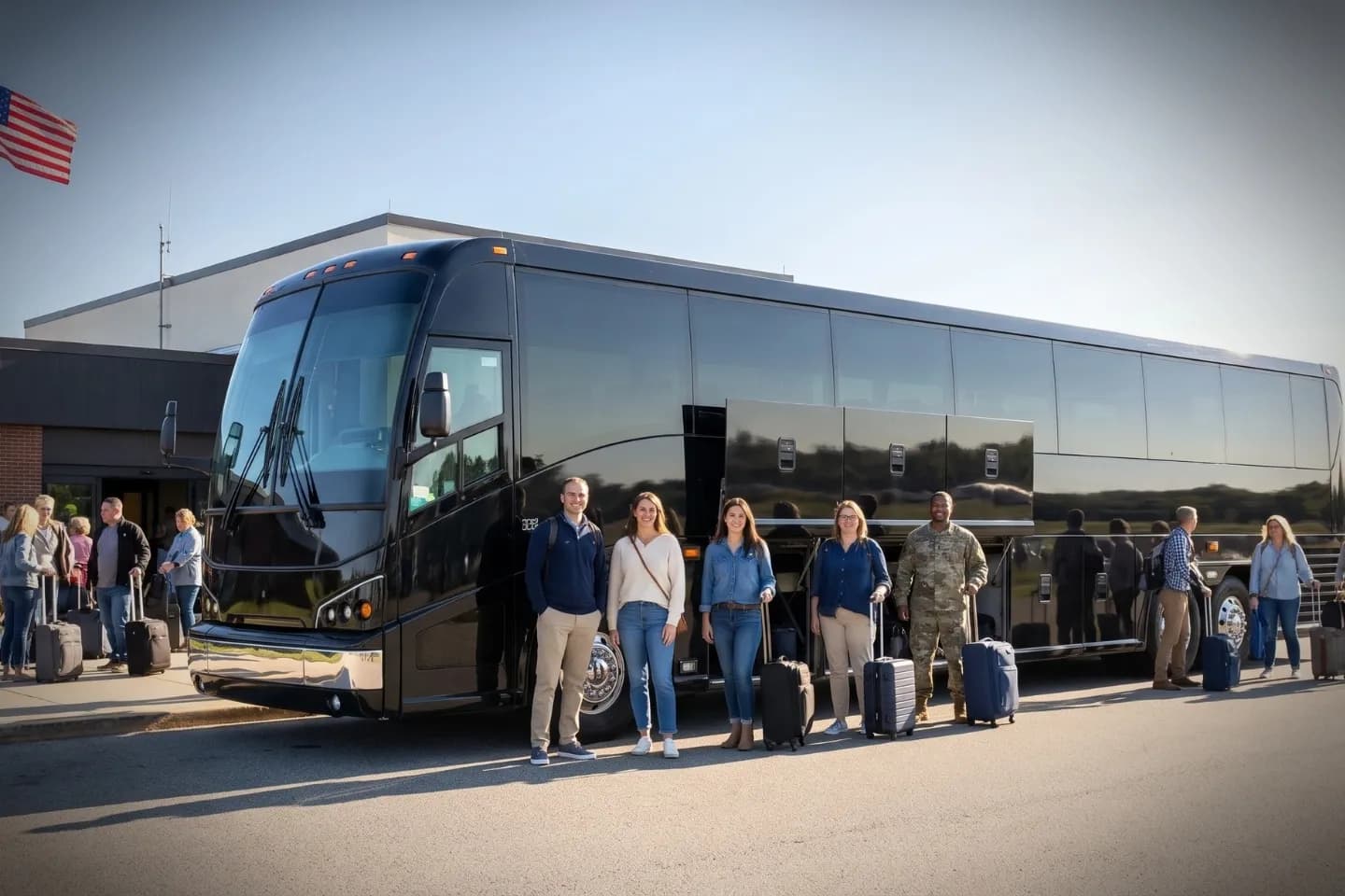Groton New London (GON) Airport Charter Bus Rental Service Motor coach staged near the GON Airport terminal in Groton Connecticut