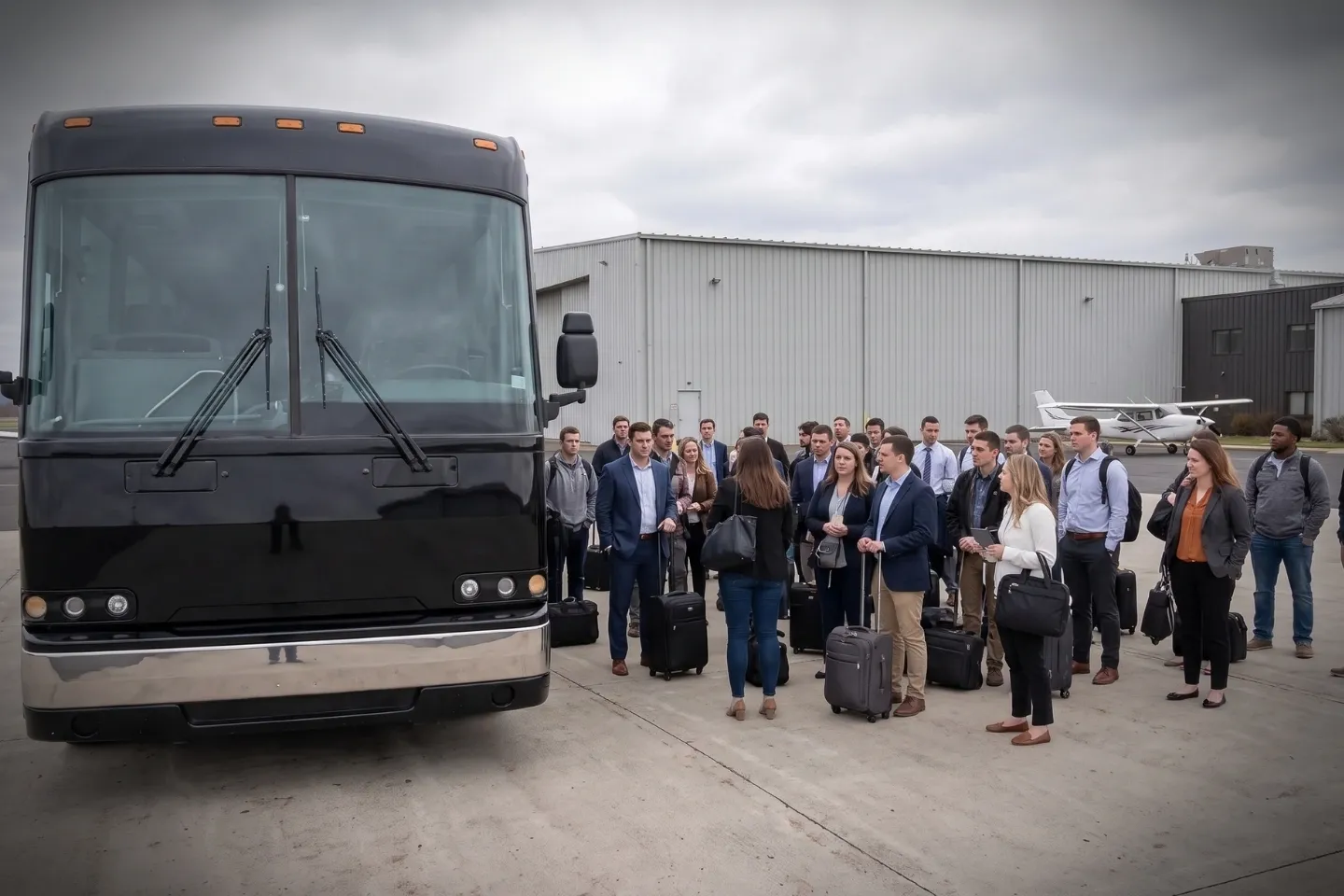 Hartford Brainard (HFD) Airport Charter Bus Rental Service Chauffeur loading suitcases into a charter bus at HFD Airport in Hartford