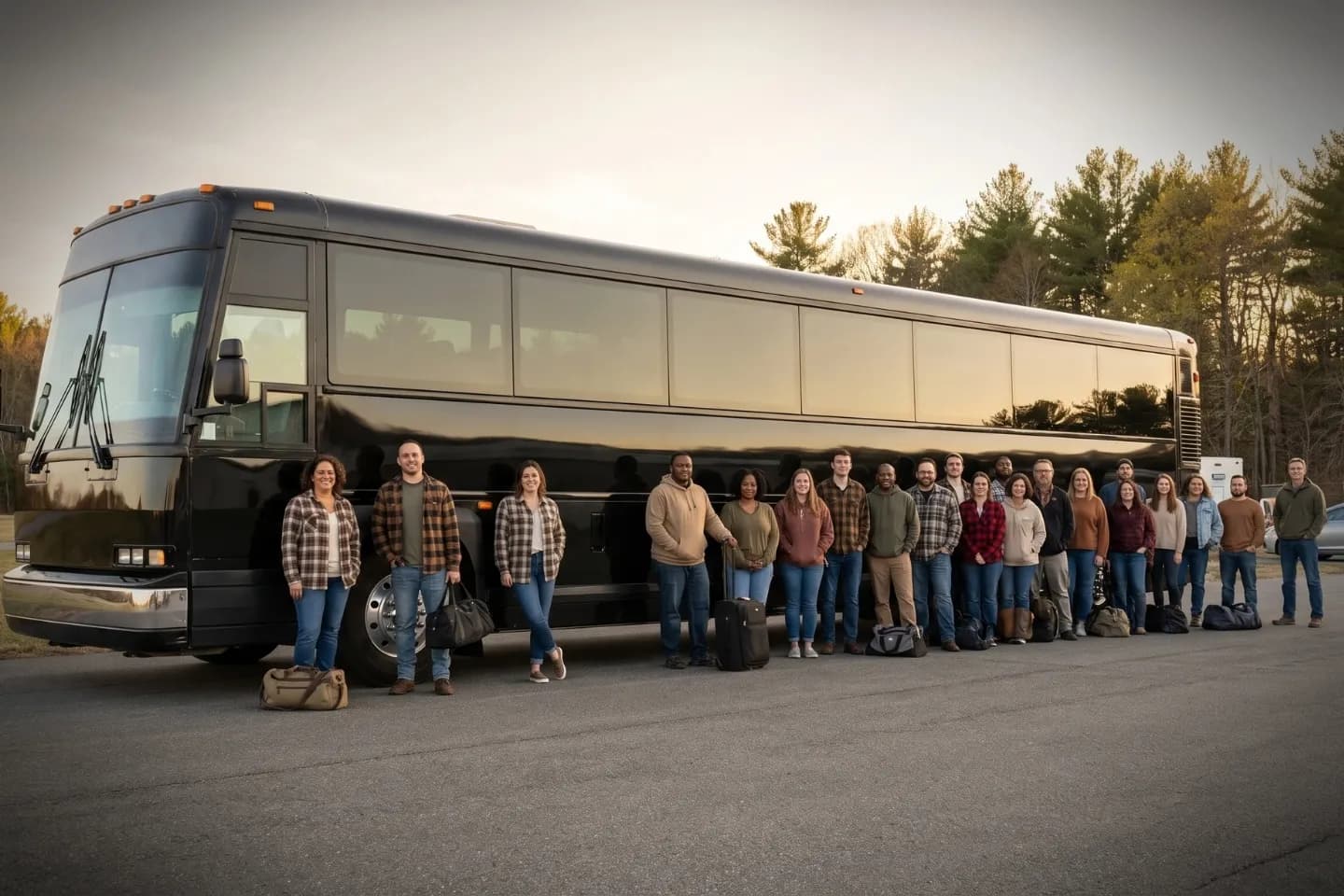 Windham (IJD) Airport Charter Bus Rental Service Chauffeur greeting passengers next to a Windham Airport charter bus