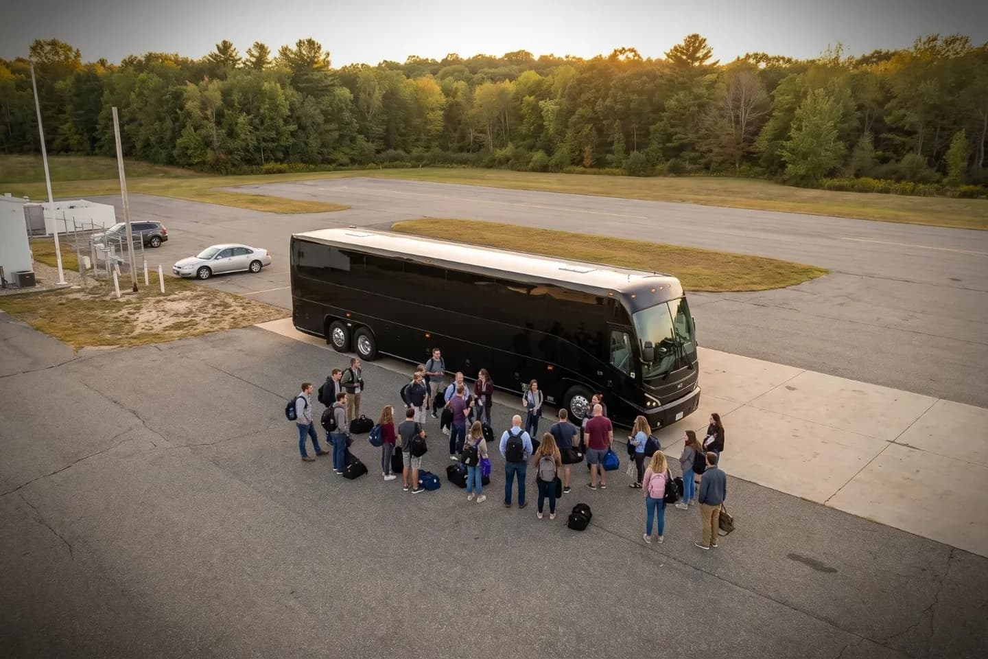 Newark Liberty International (EWR) Airport Charter Bus Rental Service Passengers boarding a white charter bus at the EWR airport pickup zone