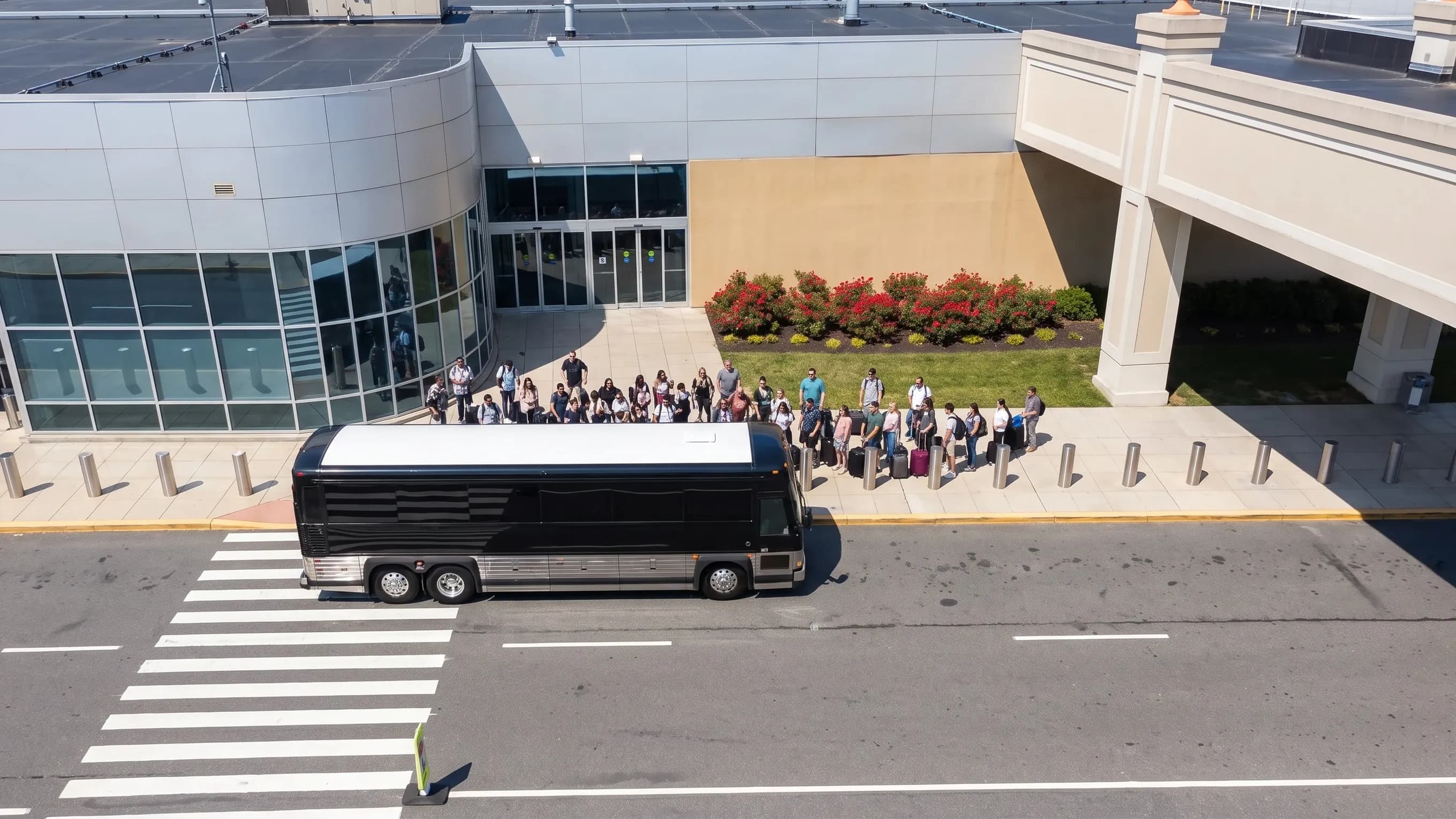 Atlantic City International (ACY) Airport Charter Bus Rental Service Travelers stepping off a coach outside the ACY airport arrivals doors