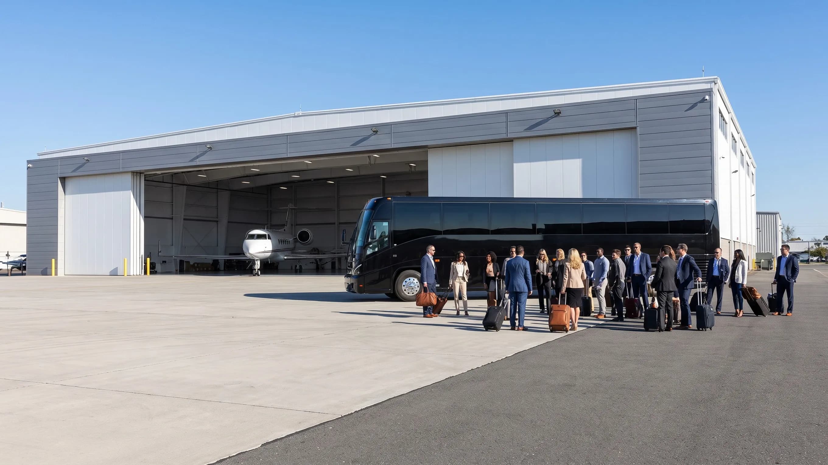 Teterboro (TEB) Airport Charter Bus Rental Service Charter coach staged near the hangars on the Teterboro Airport apron
