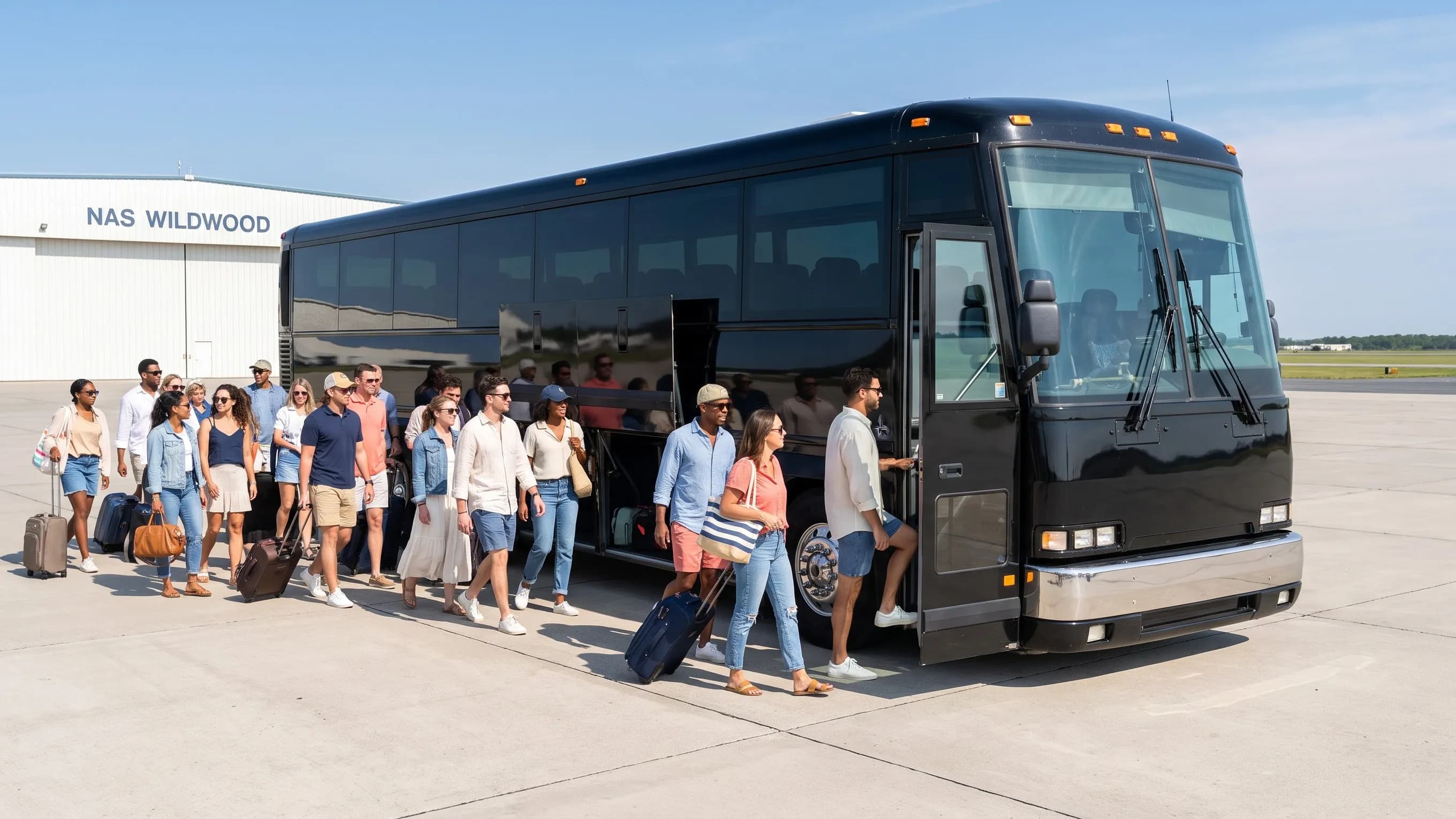Cape May County (WWD) Airport Charter Bus Rental Service Beach-bound group loading bags onto a coach at WWD airport