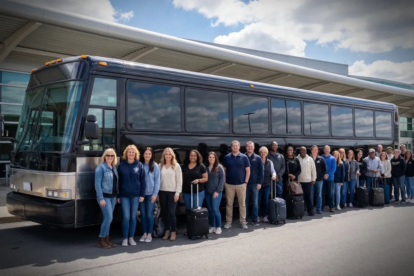 Wilkes-Barre Scranton International (AVP) Airport Charter Bus Rental Service Group waiting curbside for an AVP Airport charter bus rental