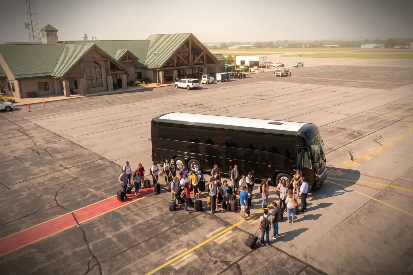 Lancaster (LNS) Airport Charter Bus Rental Service Group boarding a motor coach at Lancaster Airport in Pennsylvania