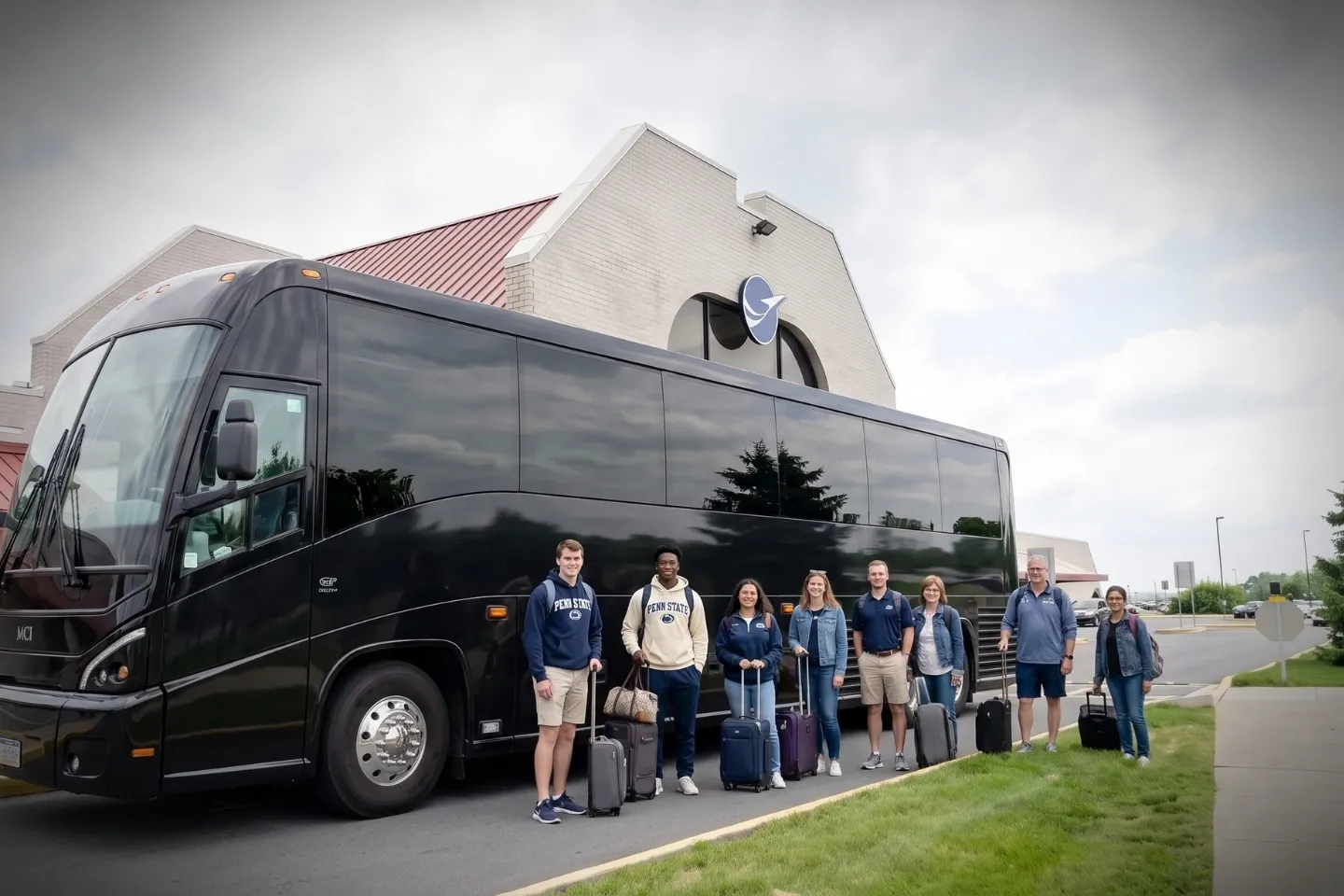 University Park (SCE) Airport Charter Bus Rental Service Group gathered beside a charter bus rental at University Park Airport