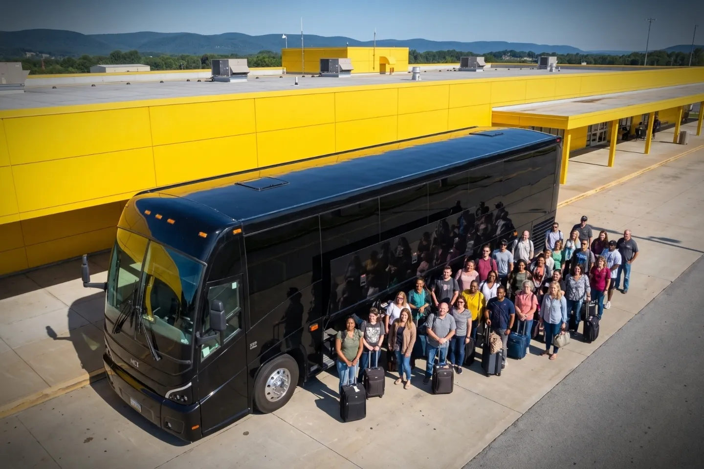 Altoona Blair County (AOO) Airport Charter Bus Rental Service Travelers waiting curbside for a charter bus at Altoona Blair County Airport