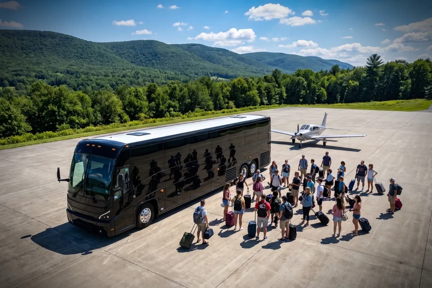 Franklin Regional (FKL) Airport Charter Bus Rental Service Travelers boarding a motor coach outside Franklin Regional Airport near Franklin