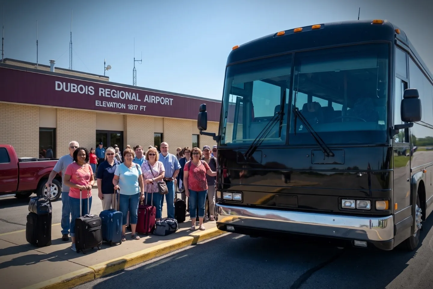 DuBois Regional (DUJ) Airport Charter Bus Rental Service Travelers waiting curbside for a charter bus at DuBois Regional Airport