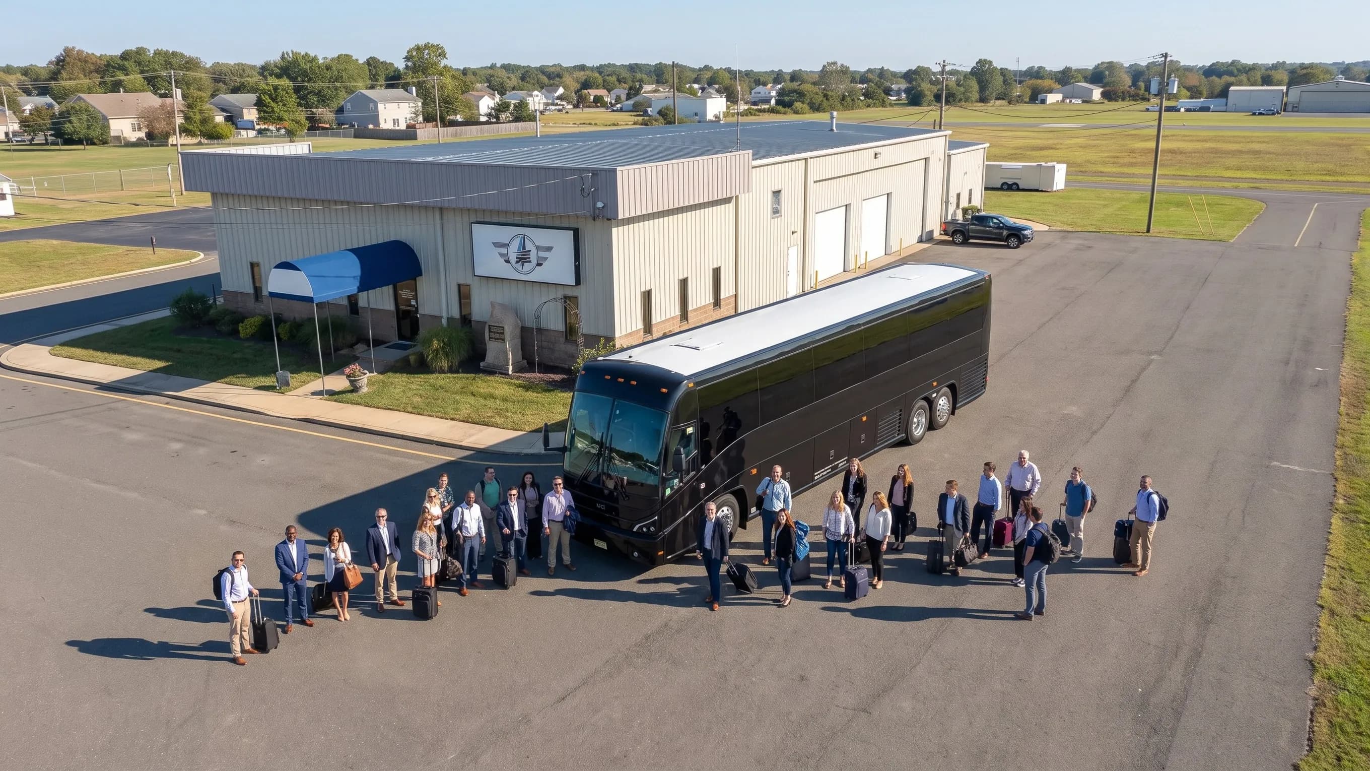 Monmouth Jet Center (BLM) Airport Charter Bus Rental Service Executive charter bus parked at the Monmouth Jet Center in Wall Township