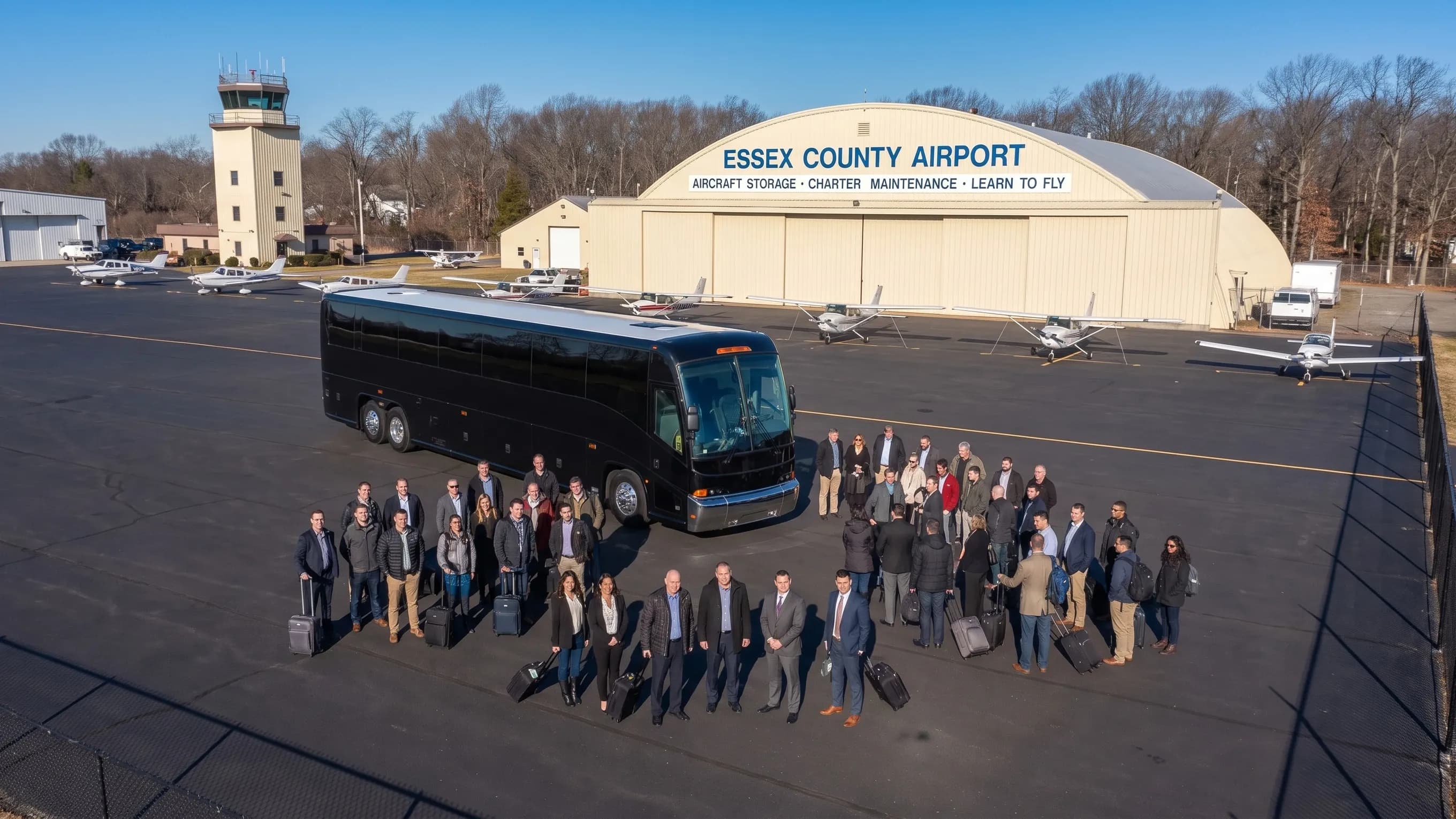 Caldwell Essex County (CDW) Airport Charter Bus Rental Service Charter bus parked at Essex County Airport in Fairfield, New Jersey