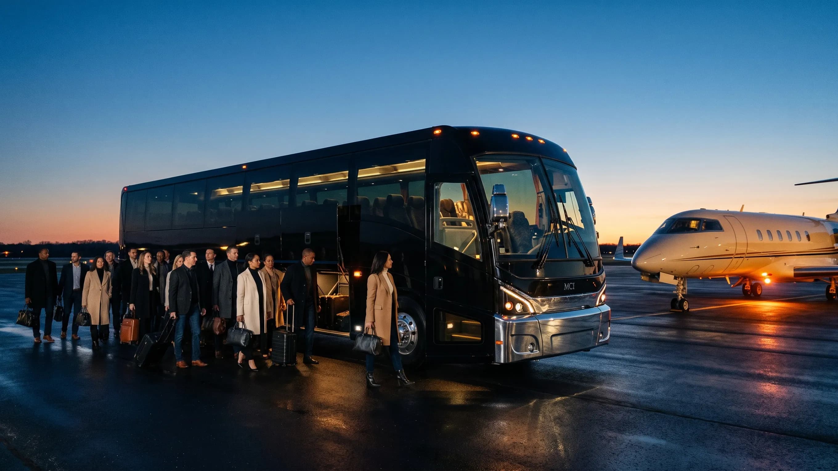Somerset (SMQ) Airport Charter Bus Rental Service Corporate group boarding a coach at SMQ airport in Somerset County