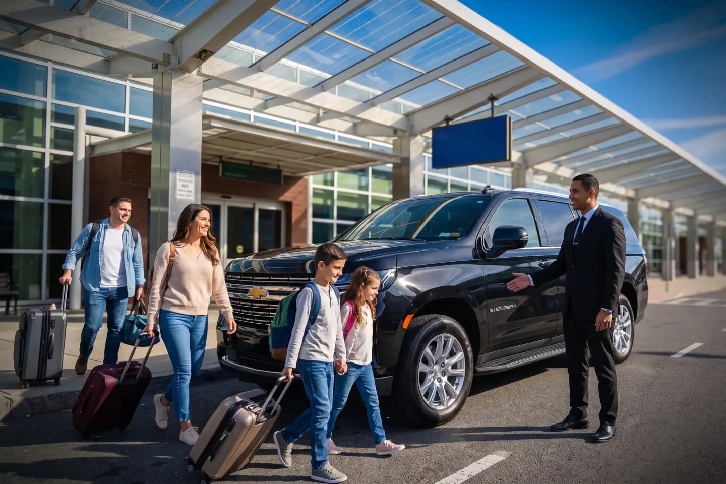 Syracuse Hancock International (SYR) Airport Chauffeur Service Passenger stepping into a chauffeured black car at Syracuse Hancock Airport