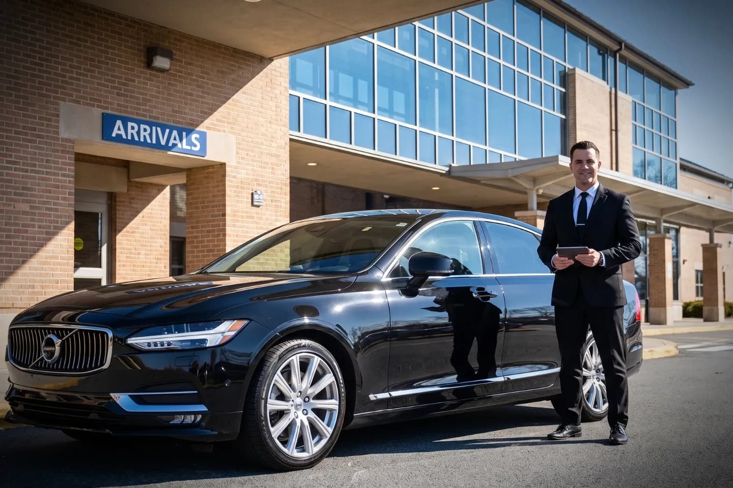 Westchester County (HPN) Airport Chauffeur Service Chauffeur driven black sedan parked at Westchester County Airport terminal entrance
