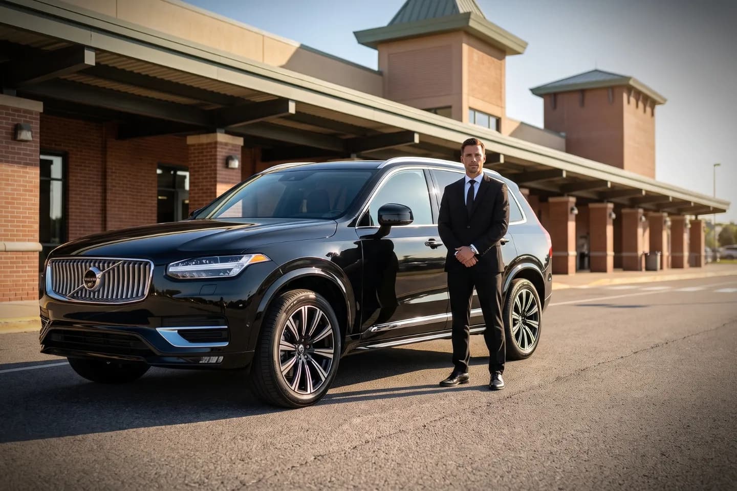 New York Stewart International (SWF) Airport Chauffeur Service Black luxury sedan idling at New York Stewart International Airport arrivals curb