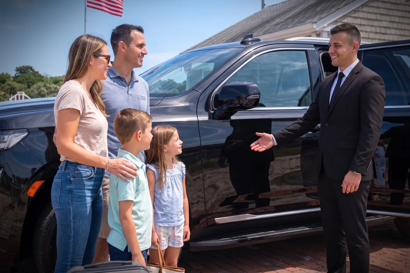Montauk Suffolk County (MTP) Airport Chauffeur Service Traveler boarding a chauffeur driven car at Montauk Airport on Long Island
